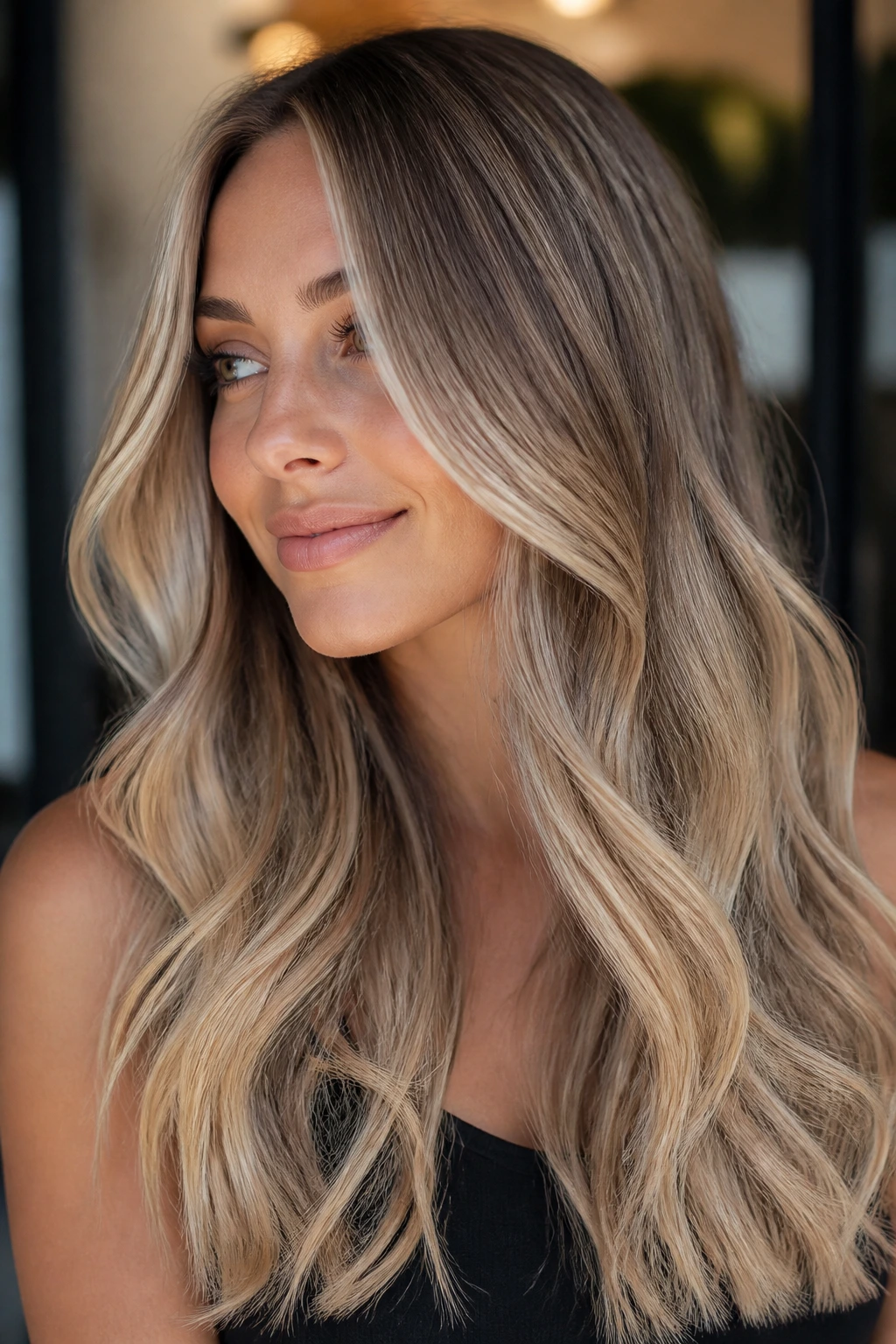 Close-up of champagne beige balayage on long hair