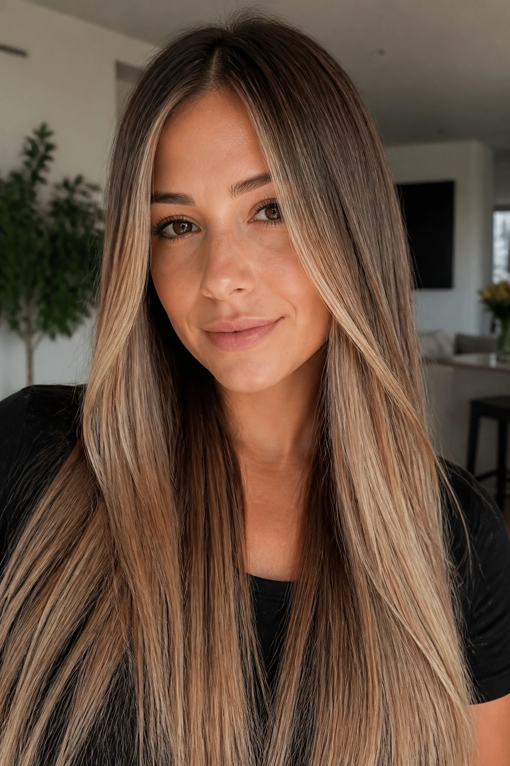 Portrait of long straight hair with champagne beige contour under soft daylight