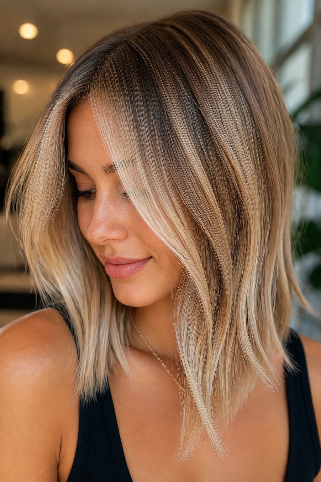 Real woman wearing champagne beige balayage on straight hair.