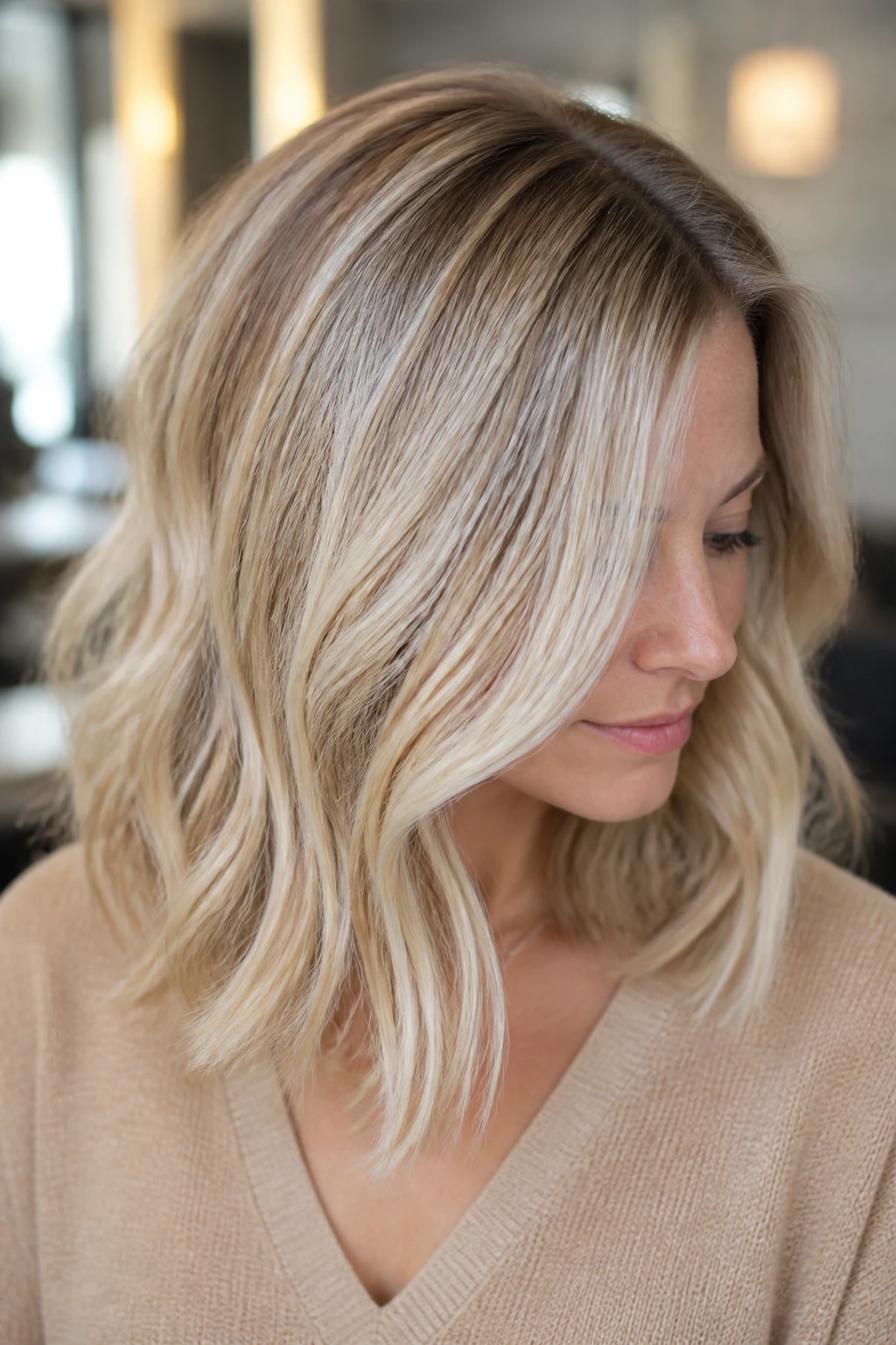 Close-up of a shoulder-length champagne beige blonde on a real person with micro-babylights and root shadow