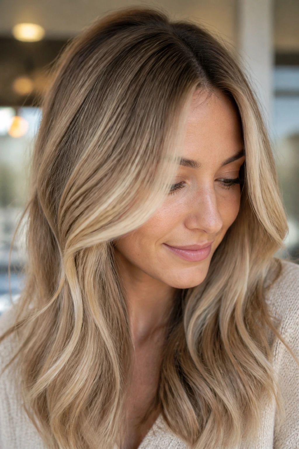 Close-up of dirty blonde hair with champagne beige highlights around the face
