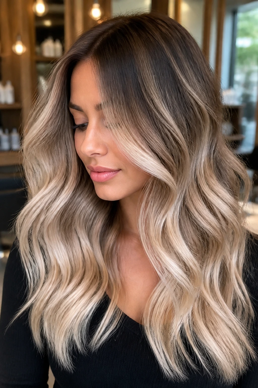Close-up portrait of a real woman with champagne beige melt in bright salon light