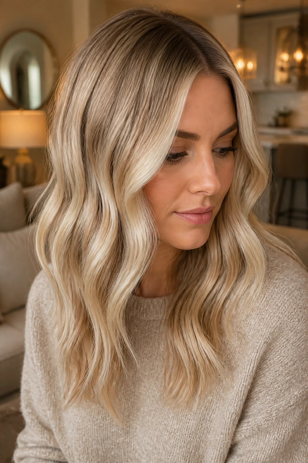 Close-up portrait of a real person with champagne beige blonde and soft root melt under warm light
