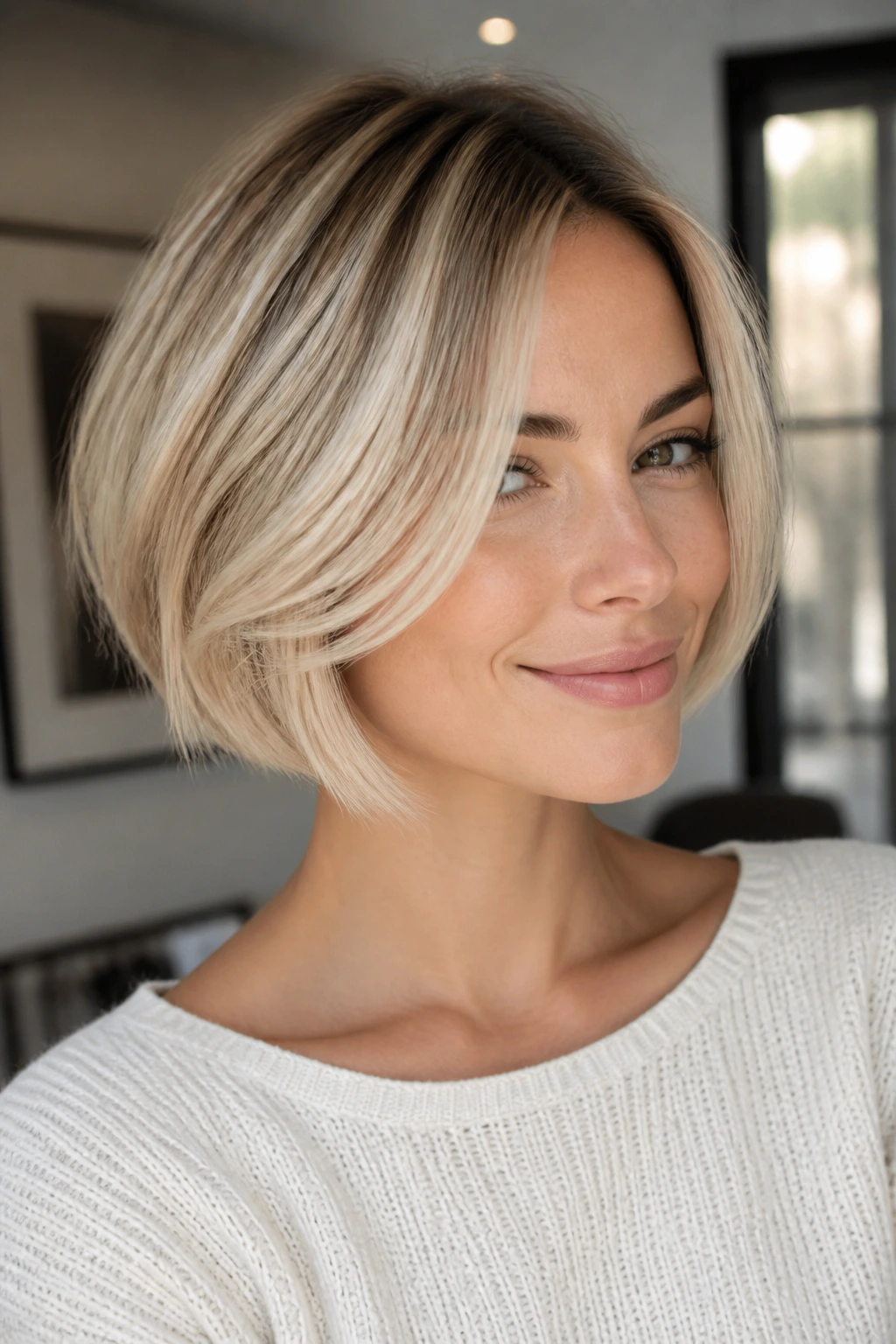 Real person with champagne blended bob under natural light
