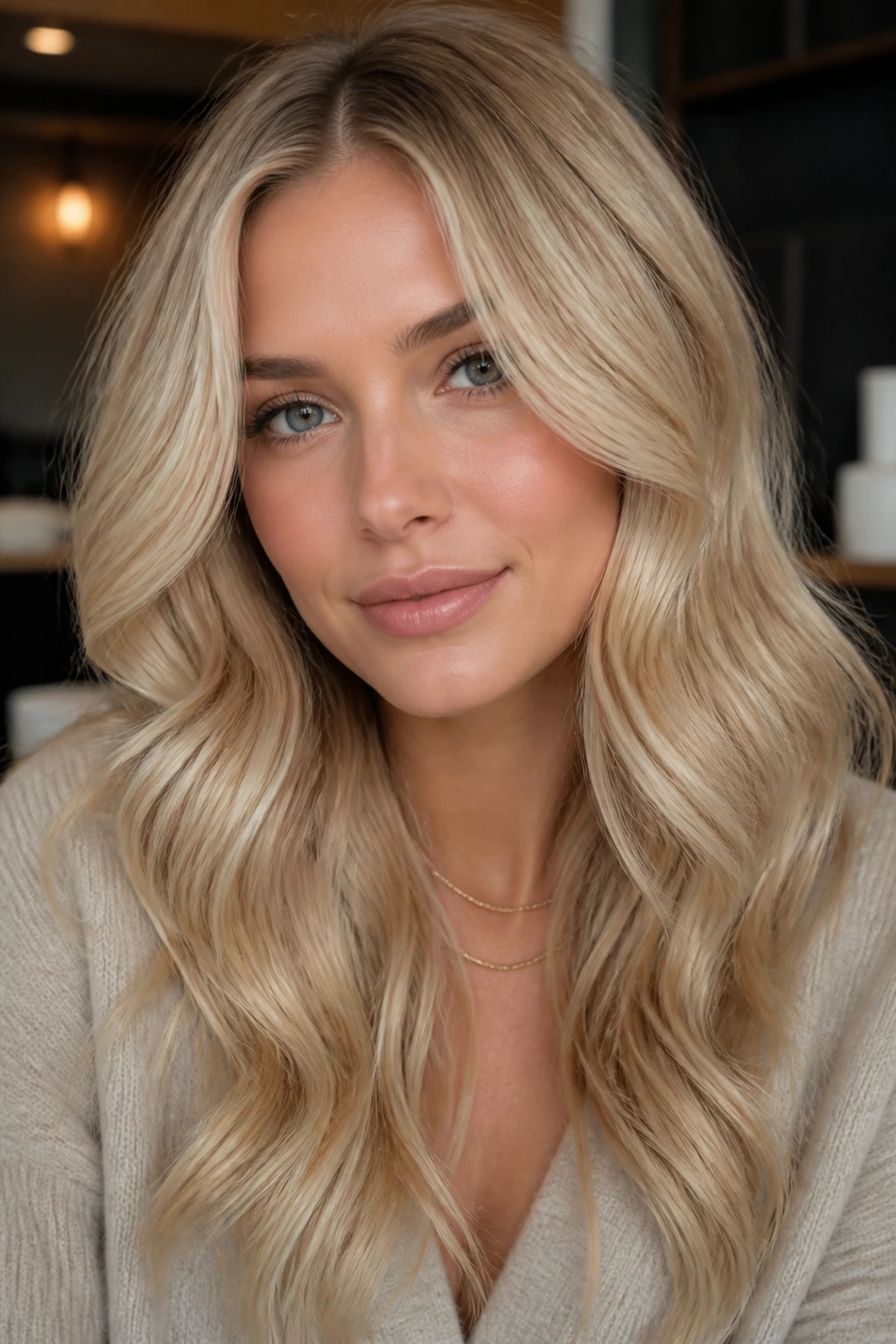 Close-up of a real person with Champagne Blonde hair under soft light