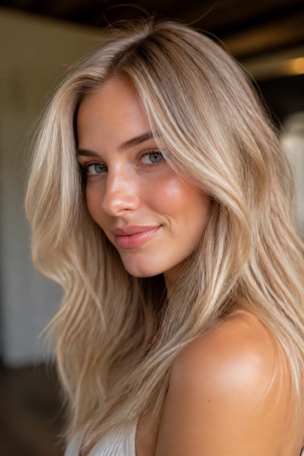 Close-up of champagne blonde hair with beige-gold balance and cool shimmer