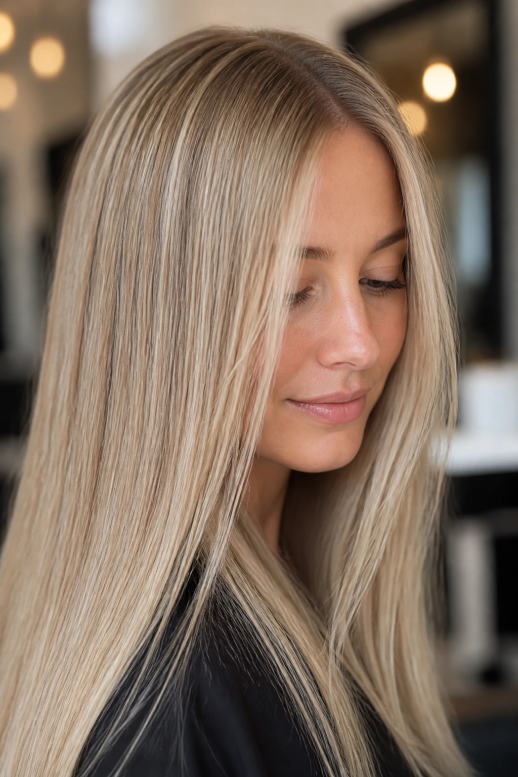 Close-up of a real woman's straight hair with champagne blonde babylights