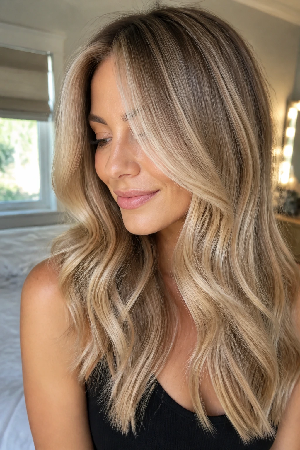 Close-up of a real woman with champagne blonde balayage and face-framing highlights