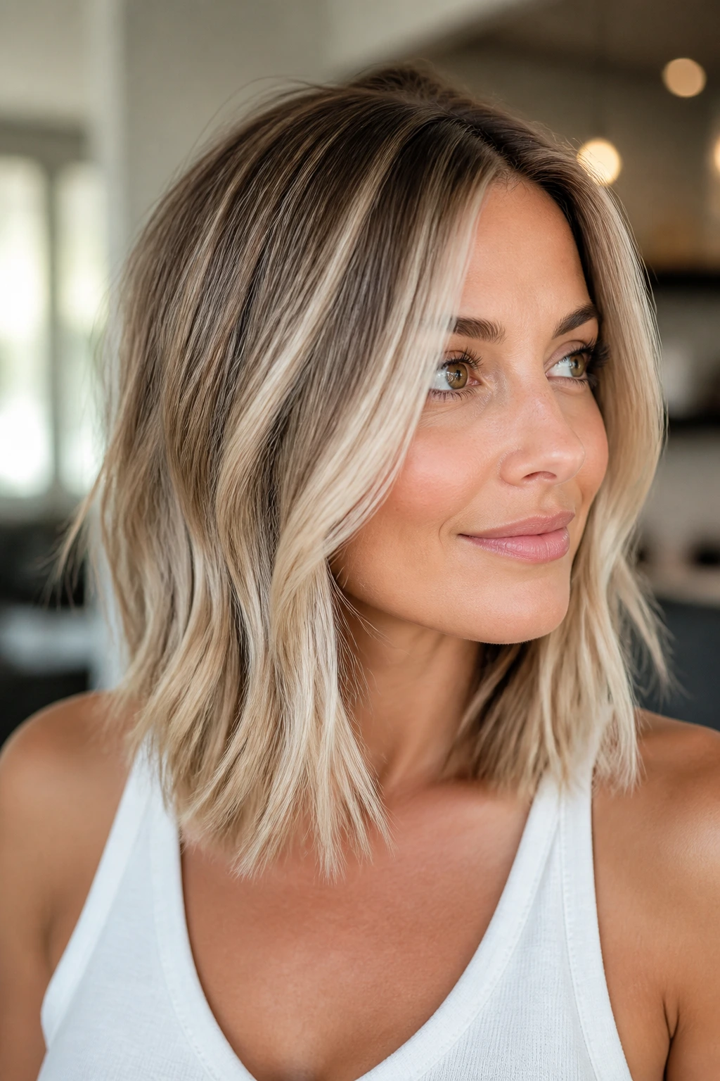 Shoulder-length lob with champagne blonde balayage in soft indoor light