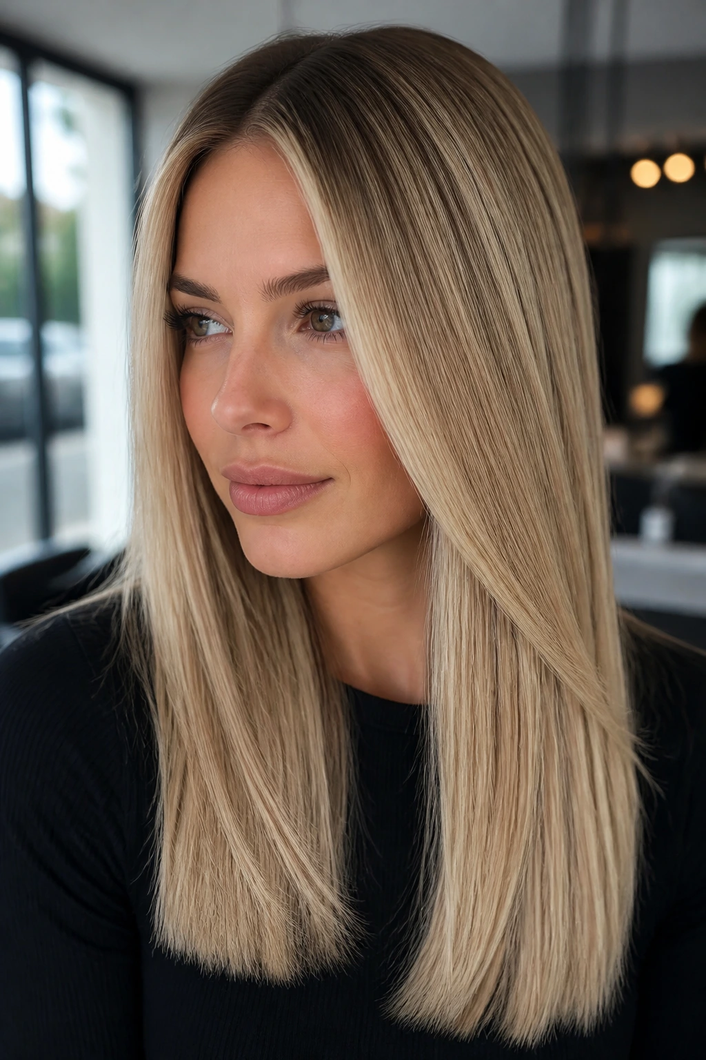 Close-up portrait with champagne blonde balayage on straight hair.