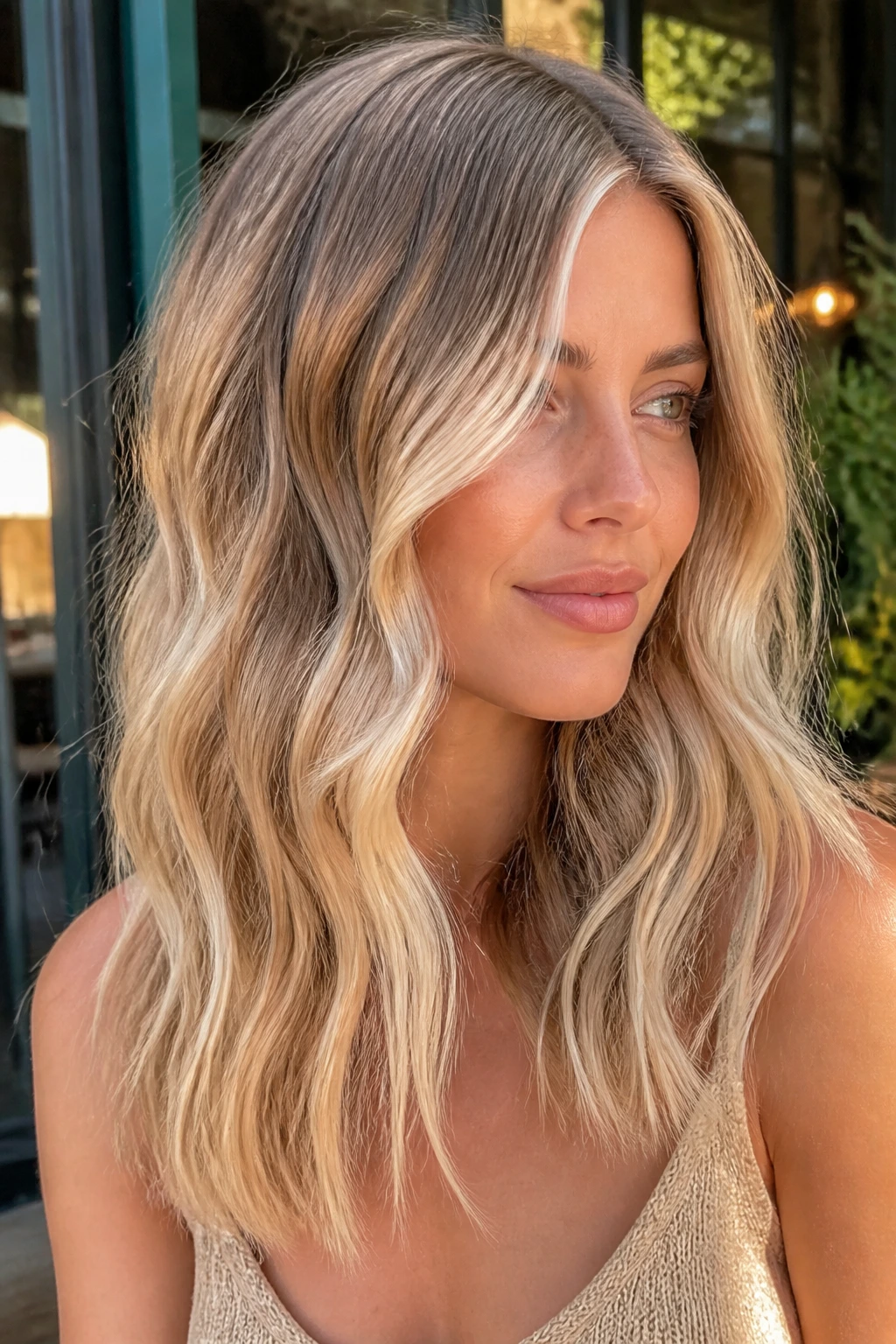 Close-up portrait of a real woman with champagne blonde balayage on medium waves