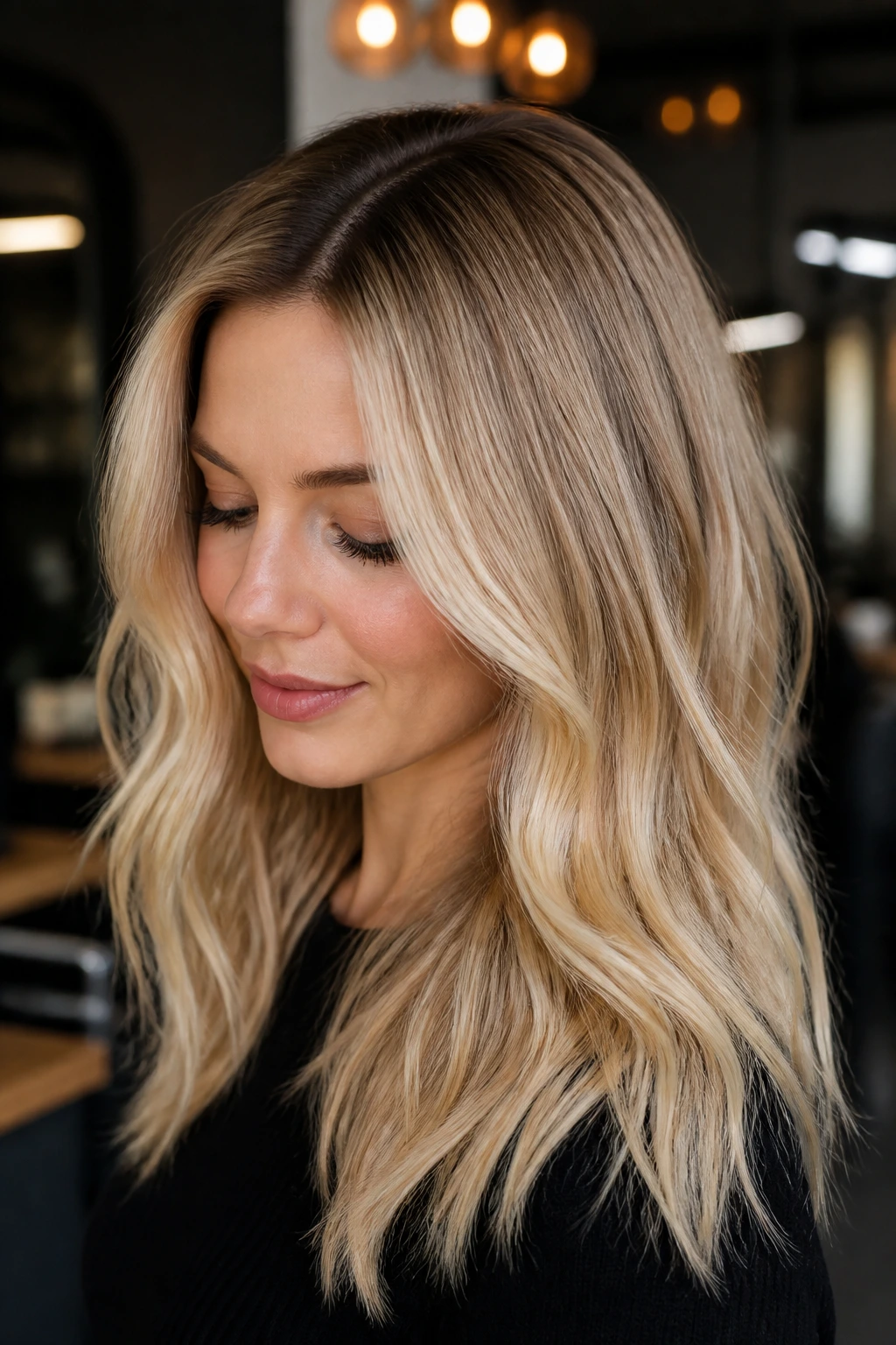 Portrait of a woman with champagne blonde base color