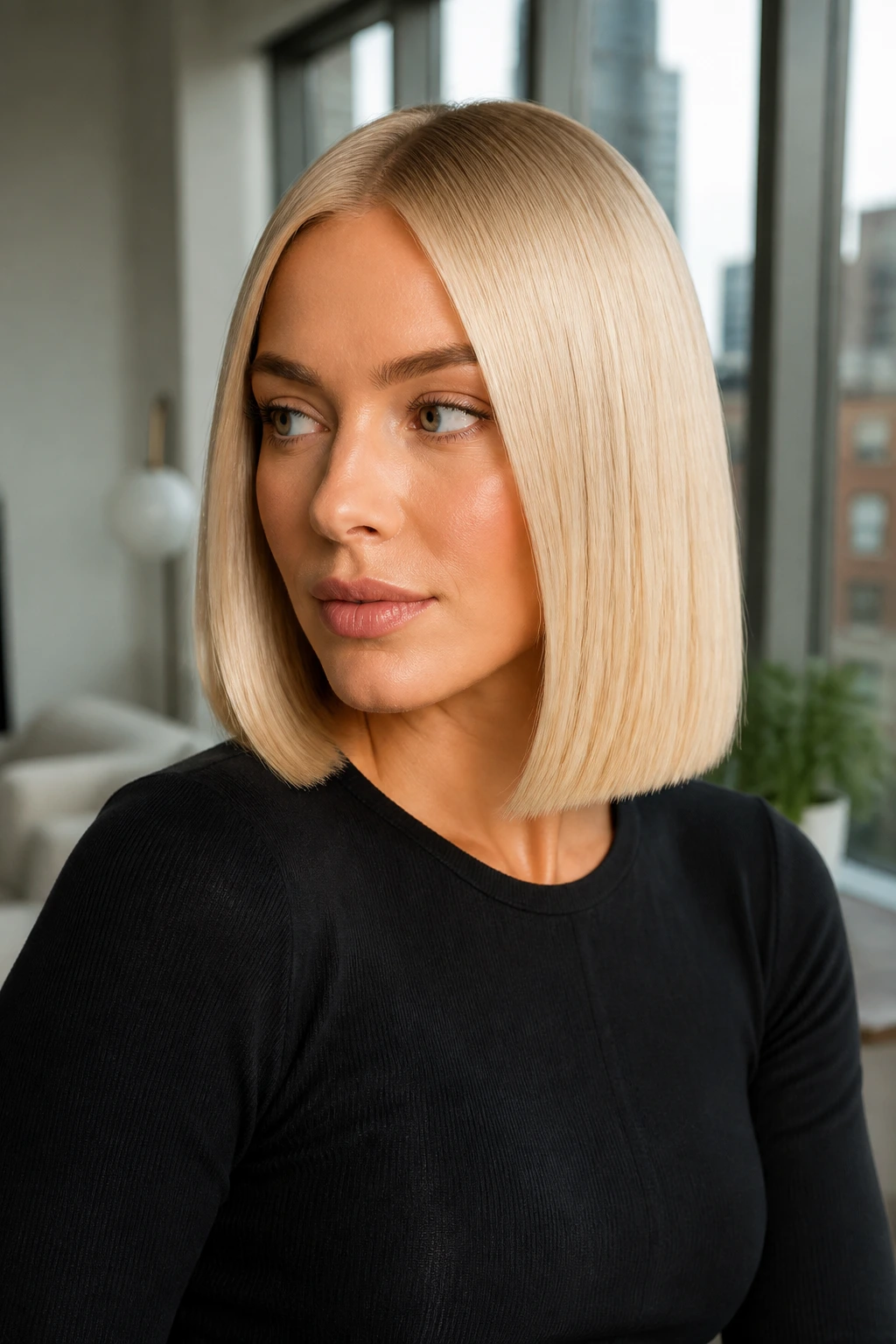 Close-up portrait of a woman with champagne blonde blunt cut