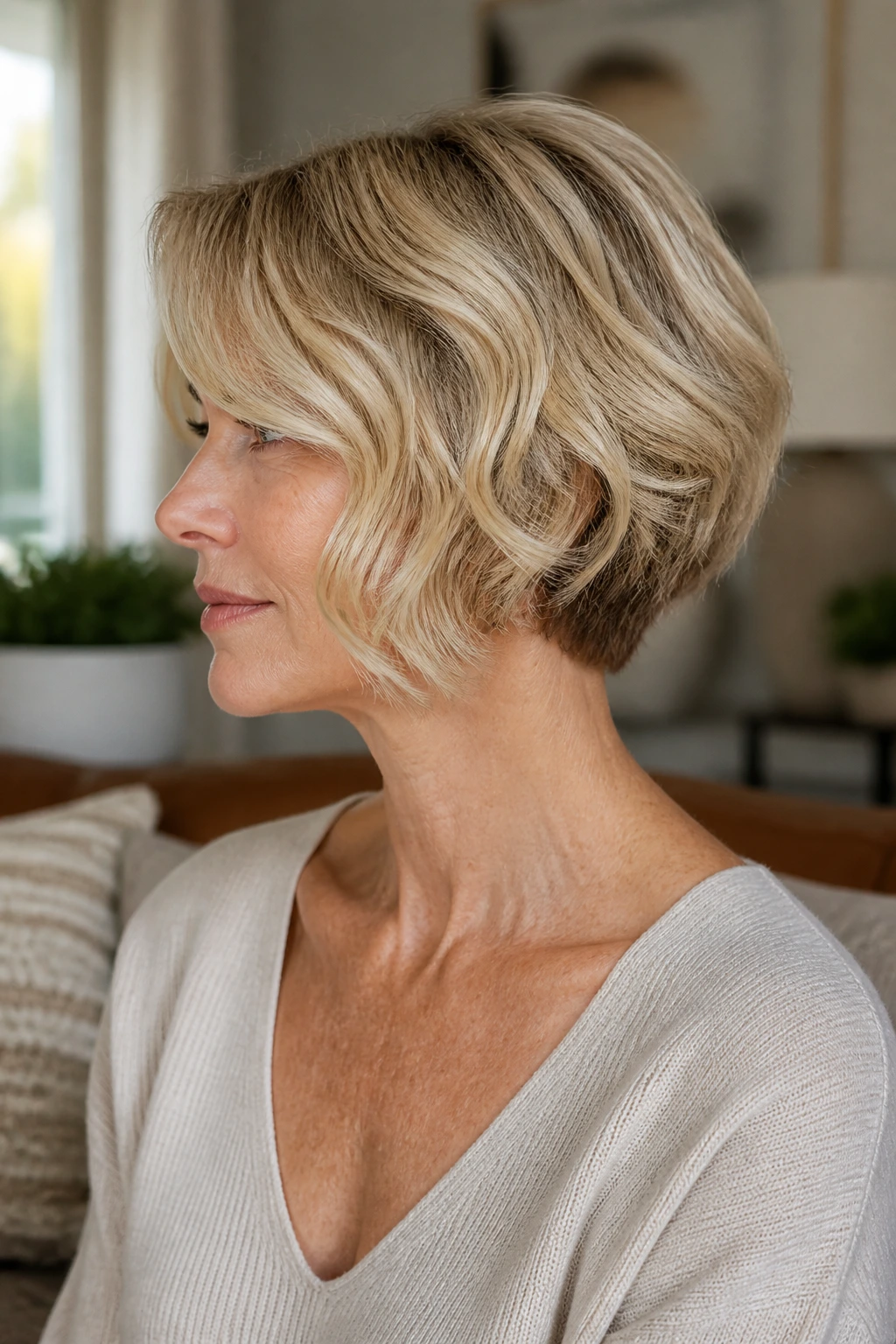 Close-up of a real woman with a champagne blonde wavy bob featuring a tucked-in nape