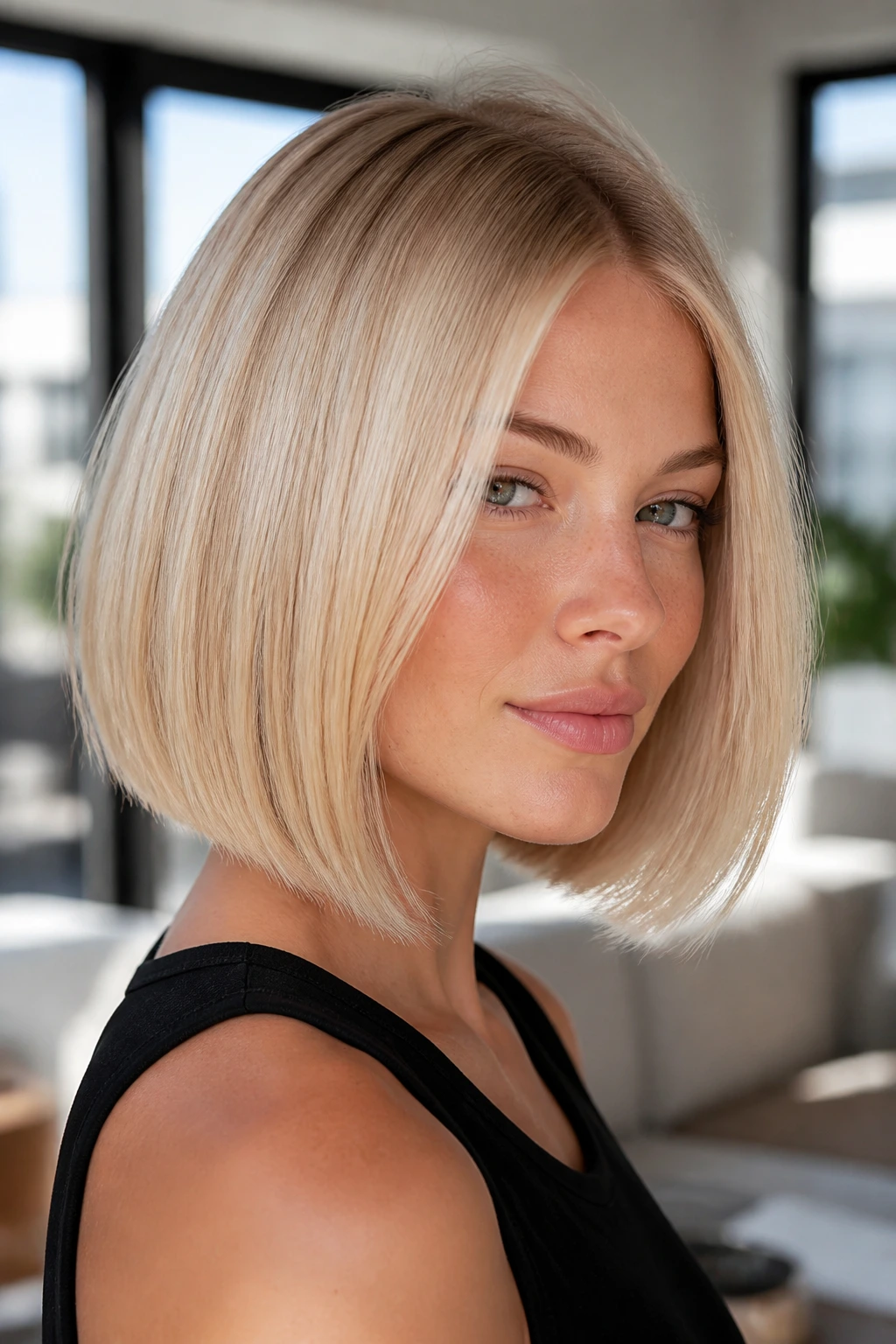Portrait of a woman with champagne blonde bob in natural daylight