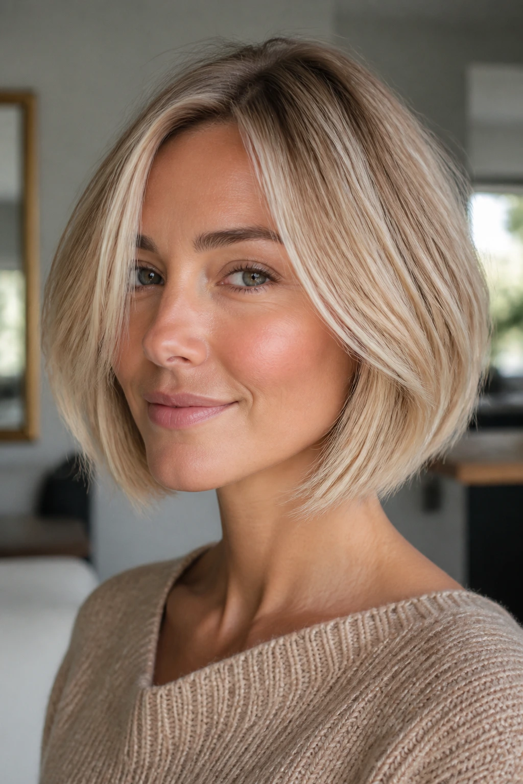 Portrait of a woman with champagne blonde bob in a modern interior