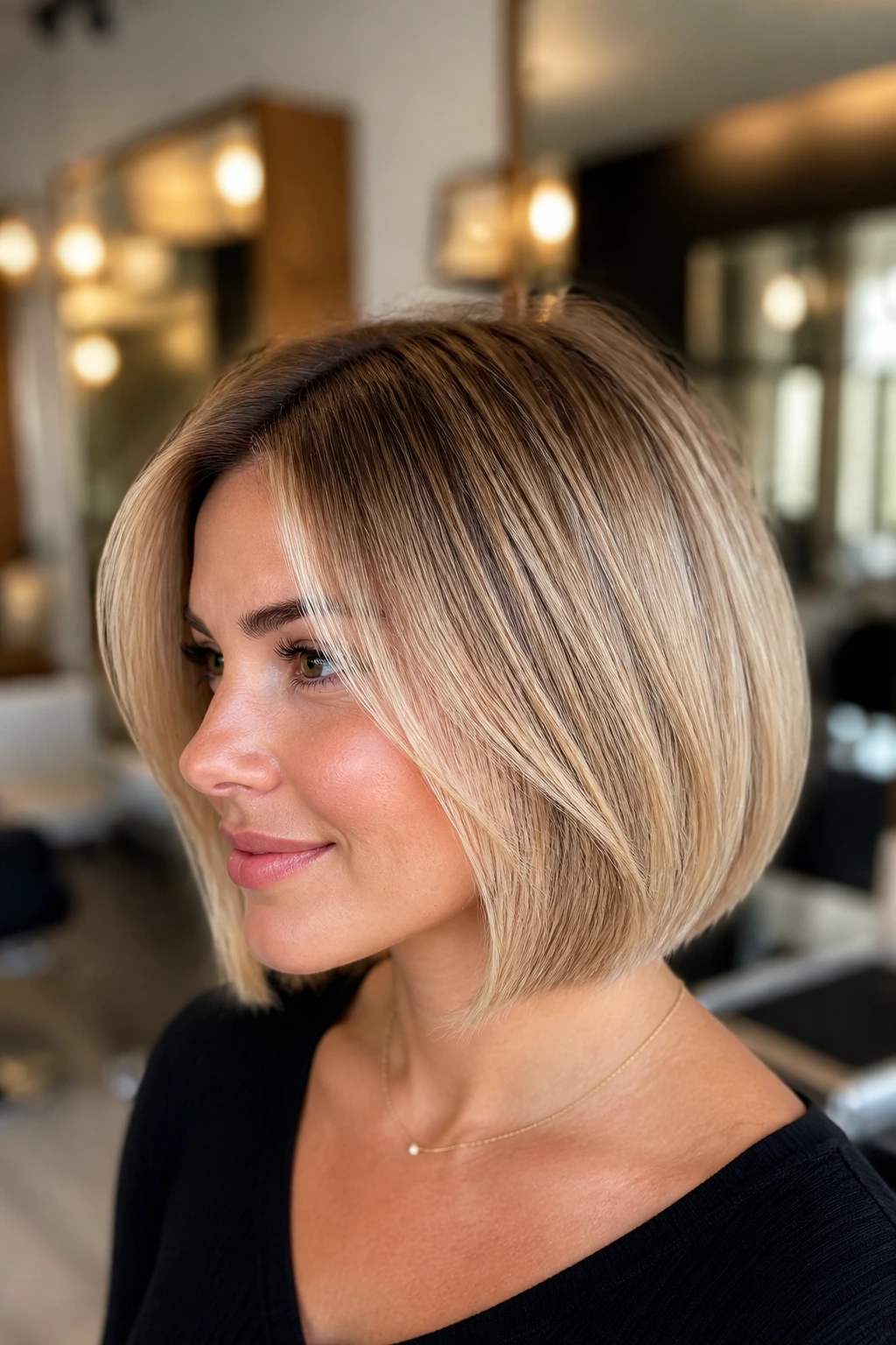 Close-up of a real woman with champagne blonde bob and soft root smudge