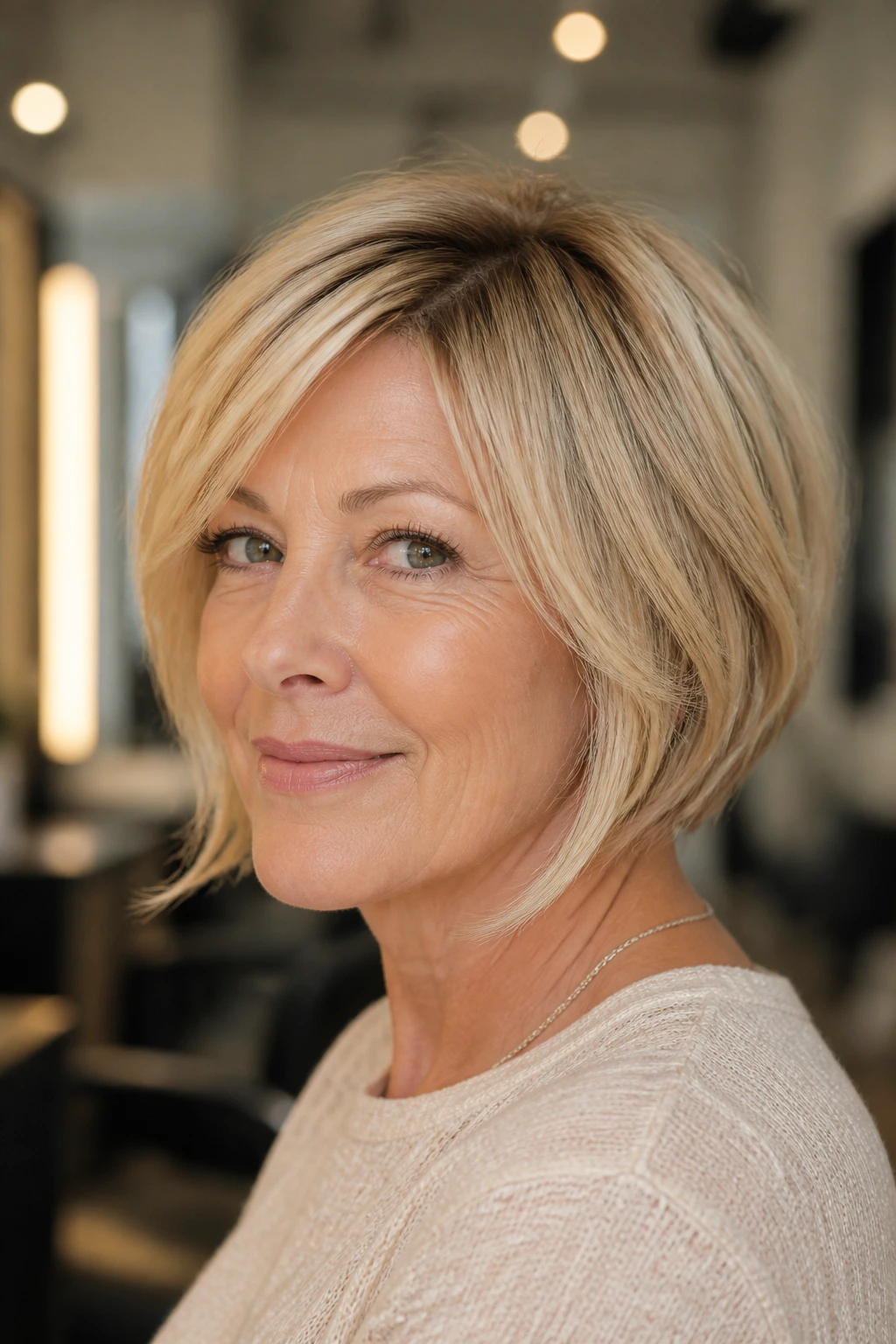Close-up portrait of a real woman with a champagne blonde bob and sideburn-length pieces framing the cheeks.