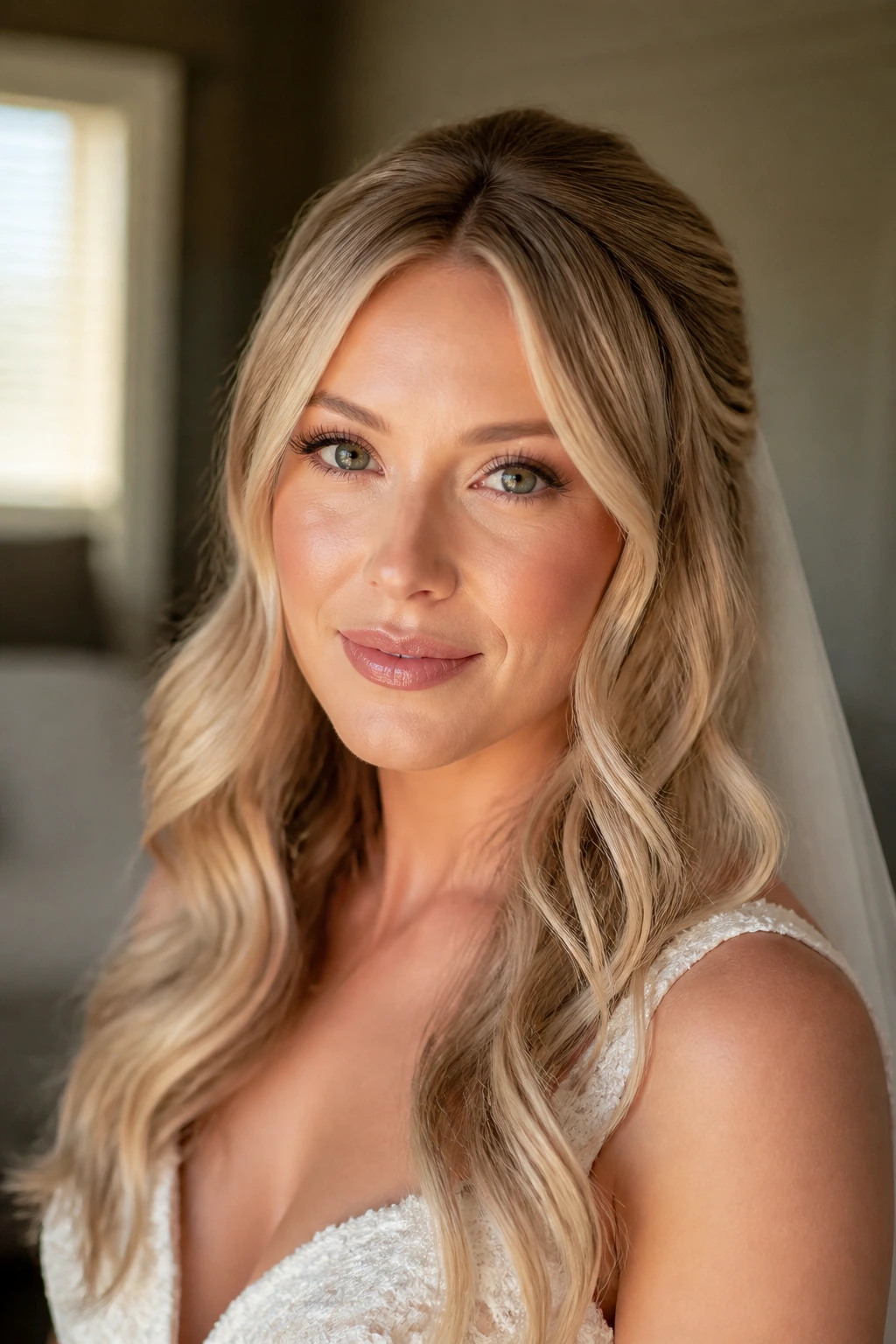 Bride with soft champagne blonde hair in loose waves.