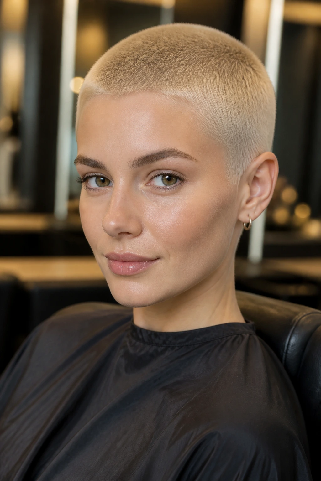 Close-up of real person with champagne blonde buzz cut in a warm salon