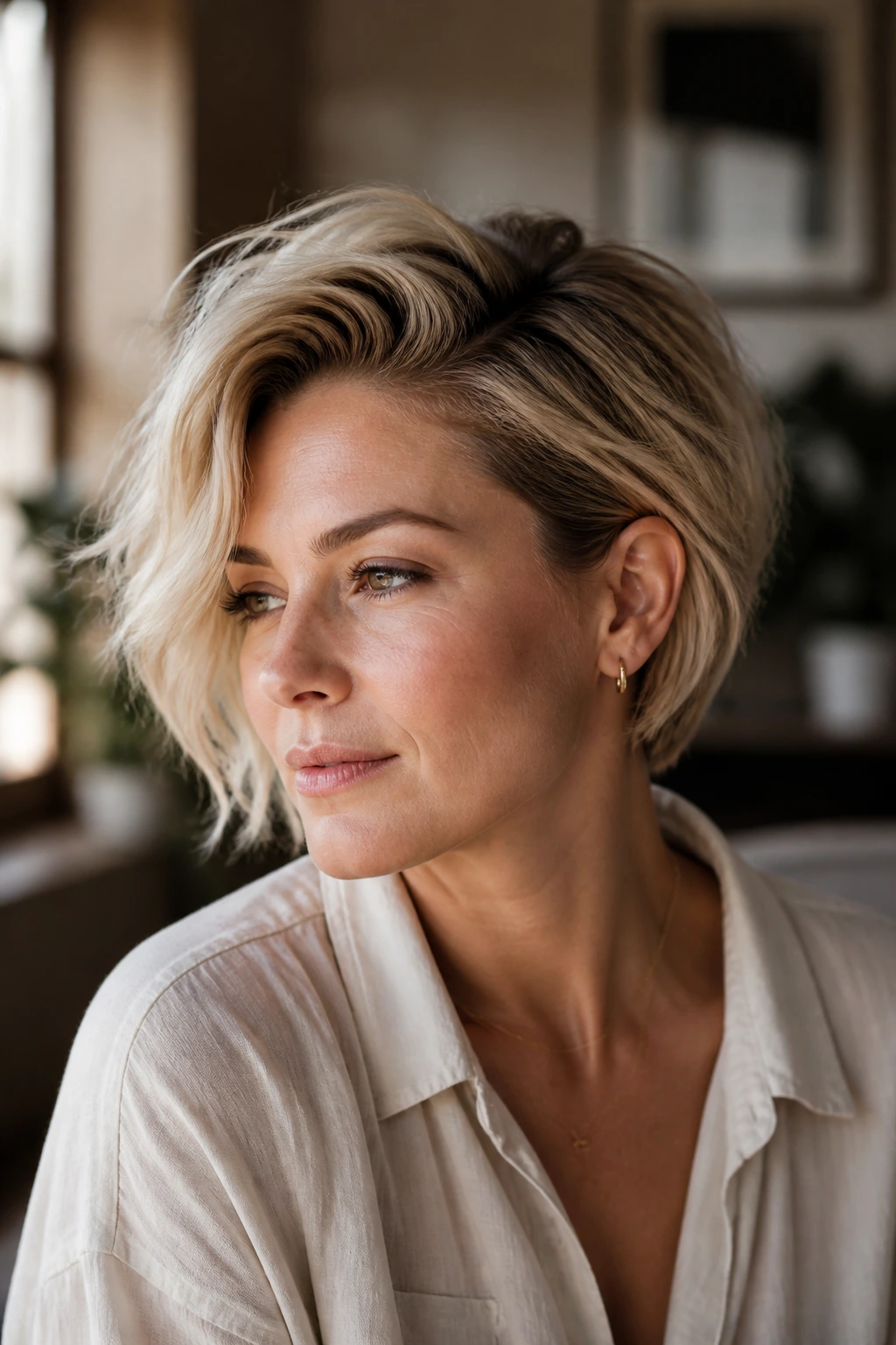 Three-quarter portrait of a real woman with champagne blonde crop and deep side part in natural light
