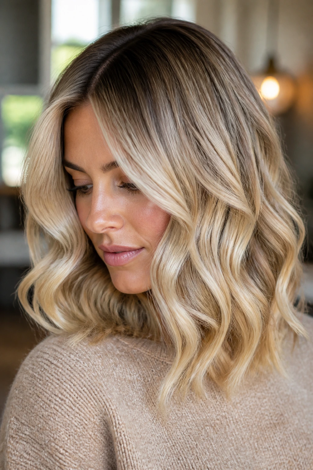 Rooted champagne blonde with loose curls on a real woman in a sunlit room