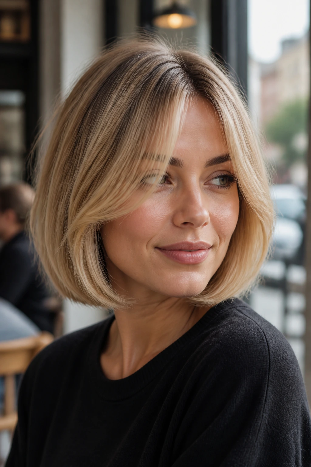 Portrait of a woman with champagne blonde curtain bangs in a cafe light