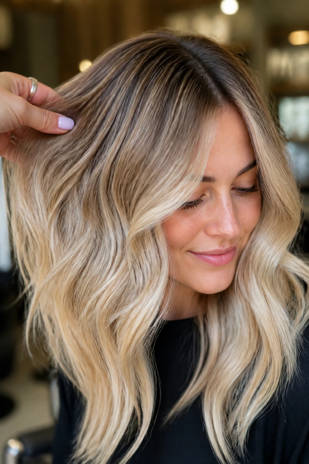 Real person with straw yellow hair transitioning to champagne blonde in a salon setting.