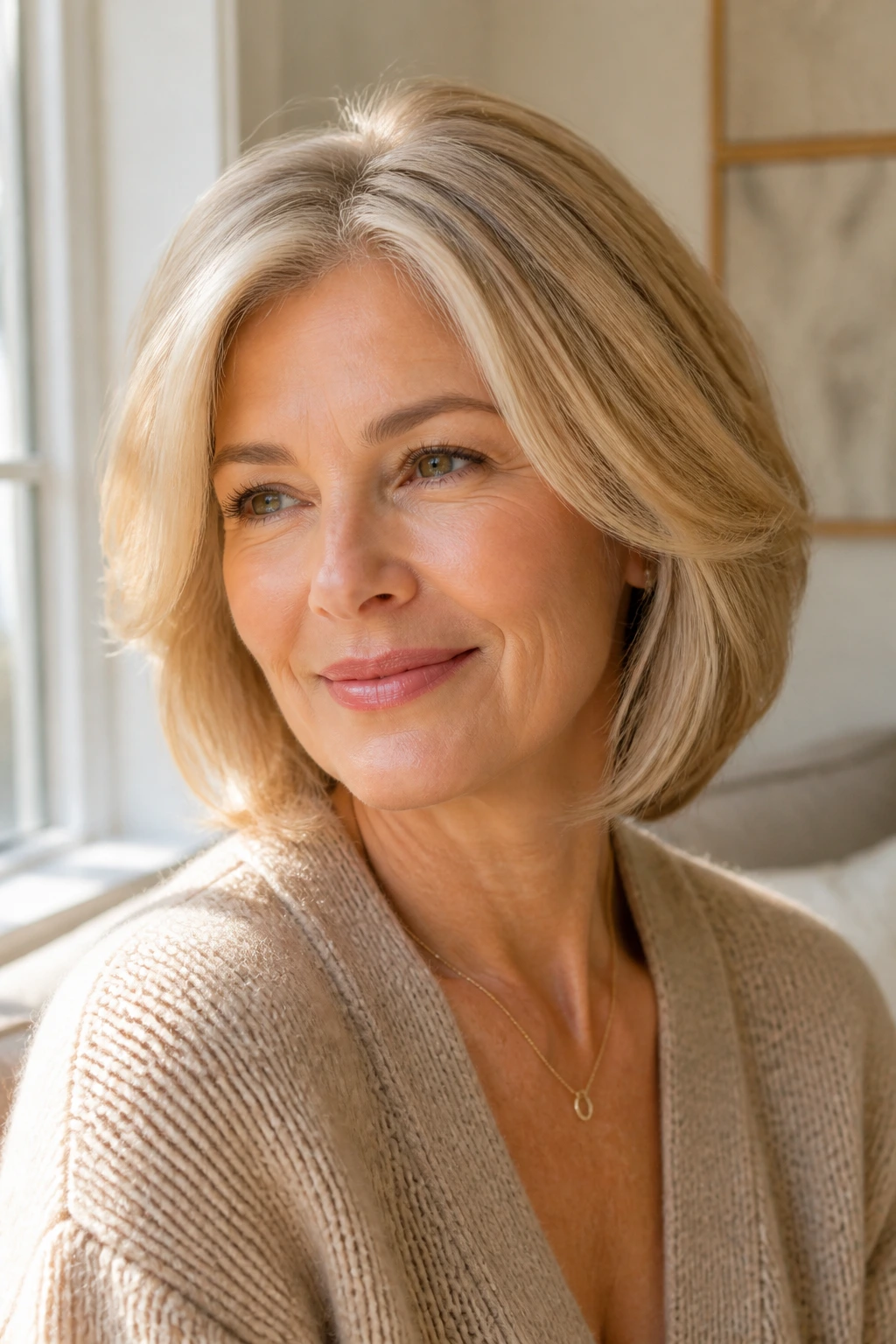 Close-up of a real woman with champagne blonde hair and subtle highlights at the hairline