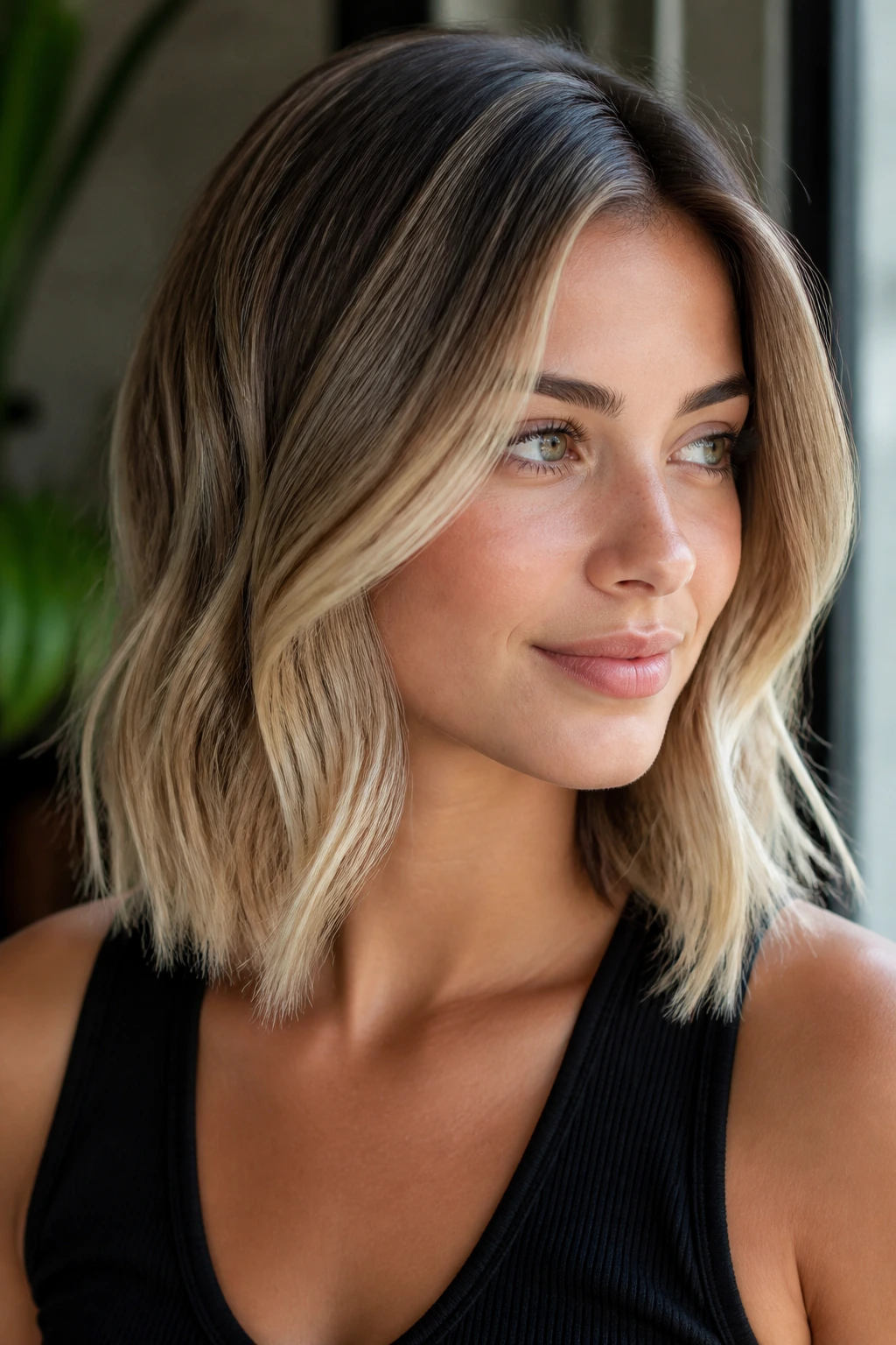 Woman with champagne blonde ends on a darker base under natural light.