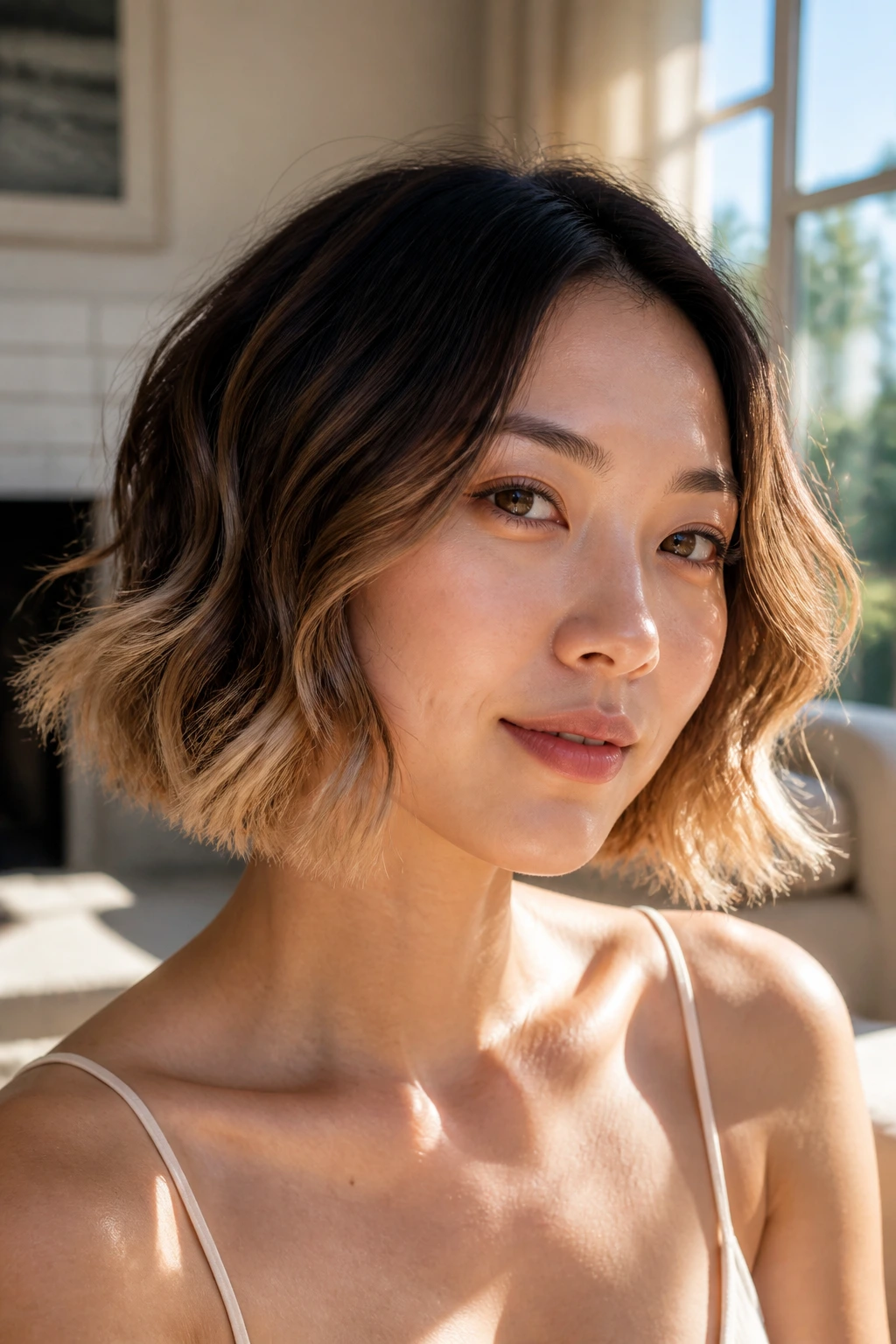 Close-up of a real woman with a wavy bob and champagne blonde ends