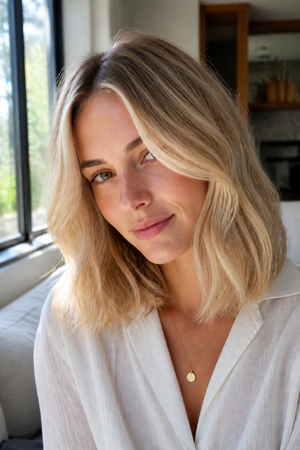 Close-up portrait of a real woman with champagne blonde hair and face-framing brightness.