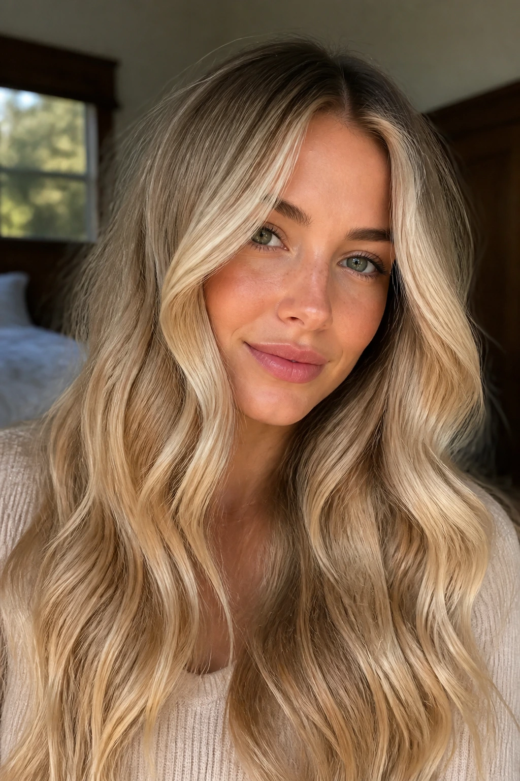 Portrait of a woman with champagne face-framing blonde on long waves