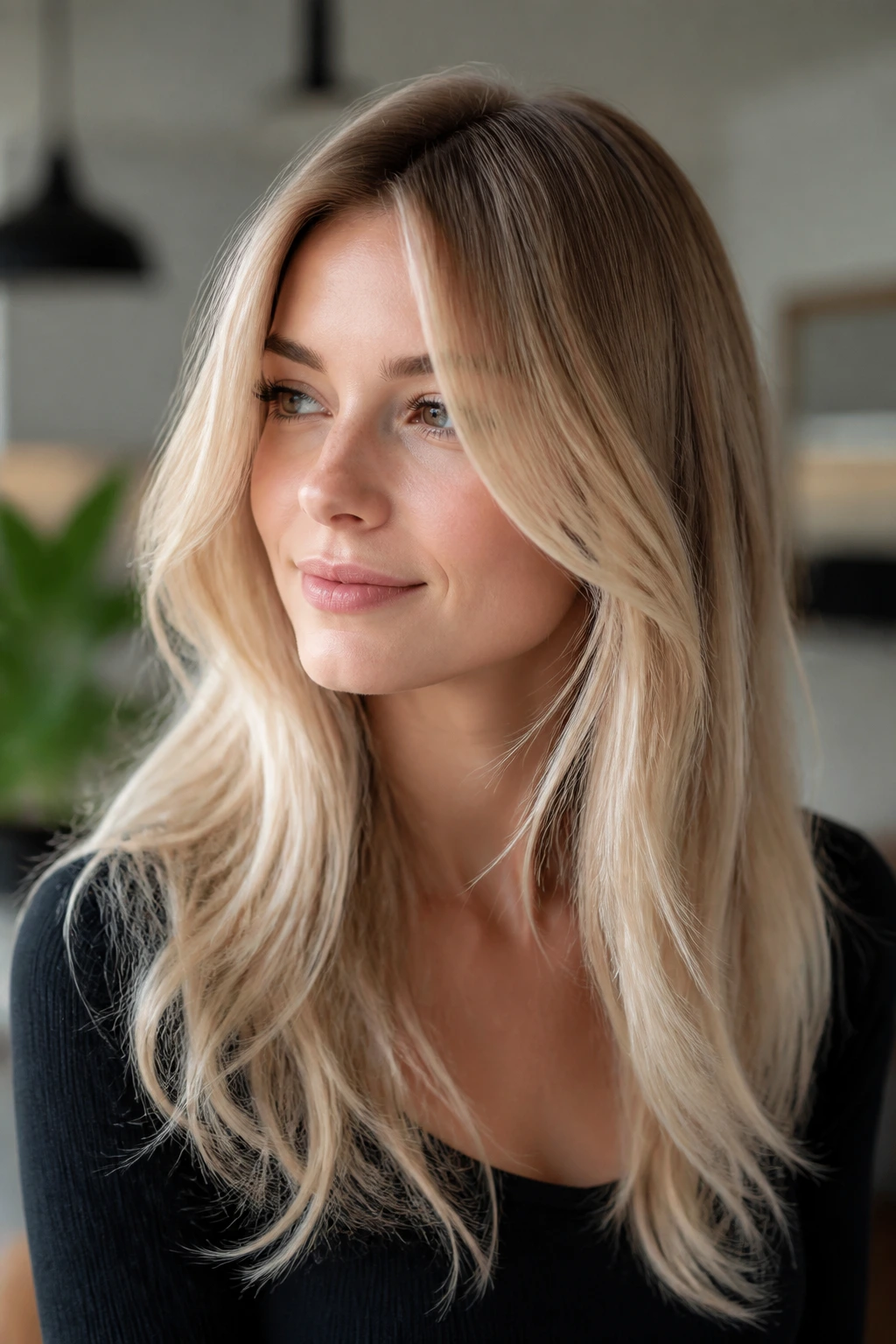 Close-up of fine hair with bright champagne ends under soft window light