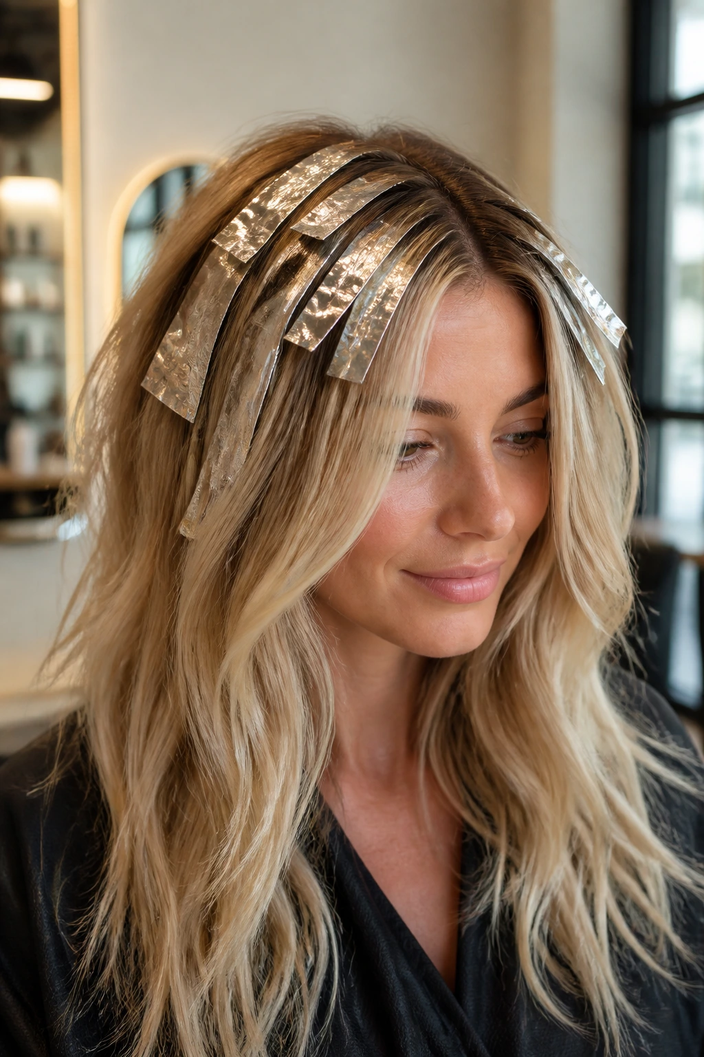 Close-up of person showing champagne blonde foils around crown and face frame