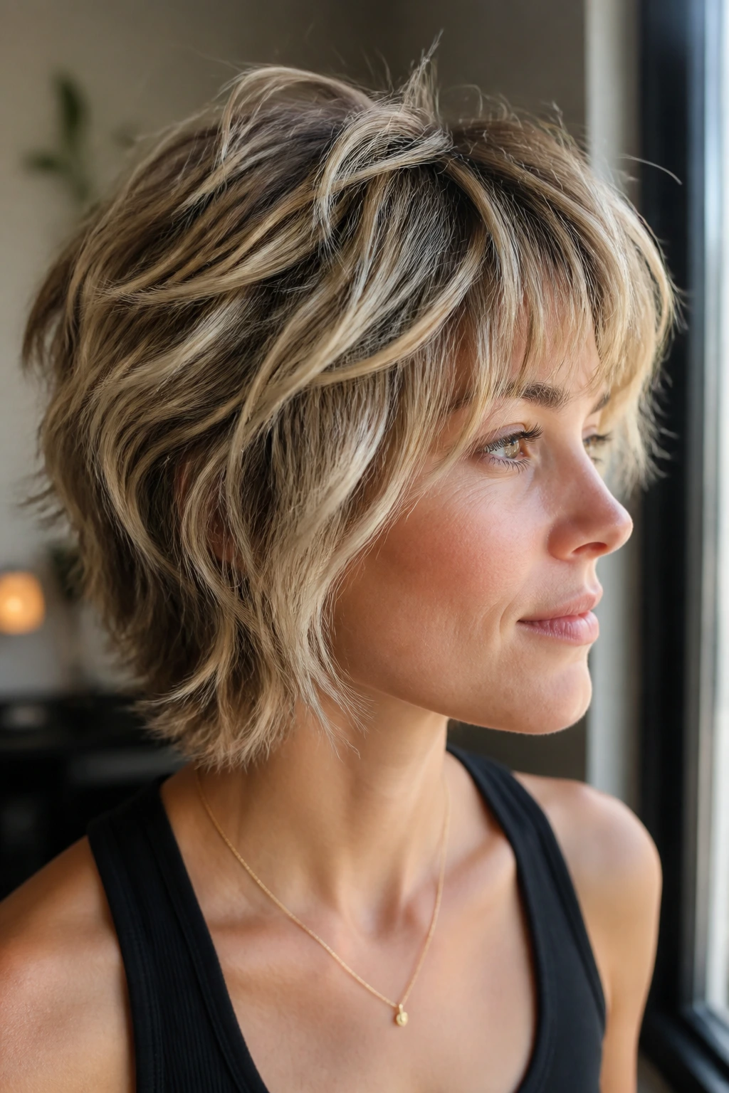 Close-up of a real person with champagne blonde foils on a short shag