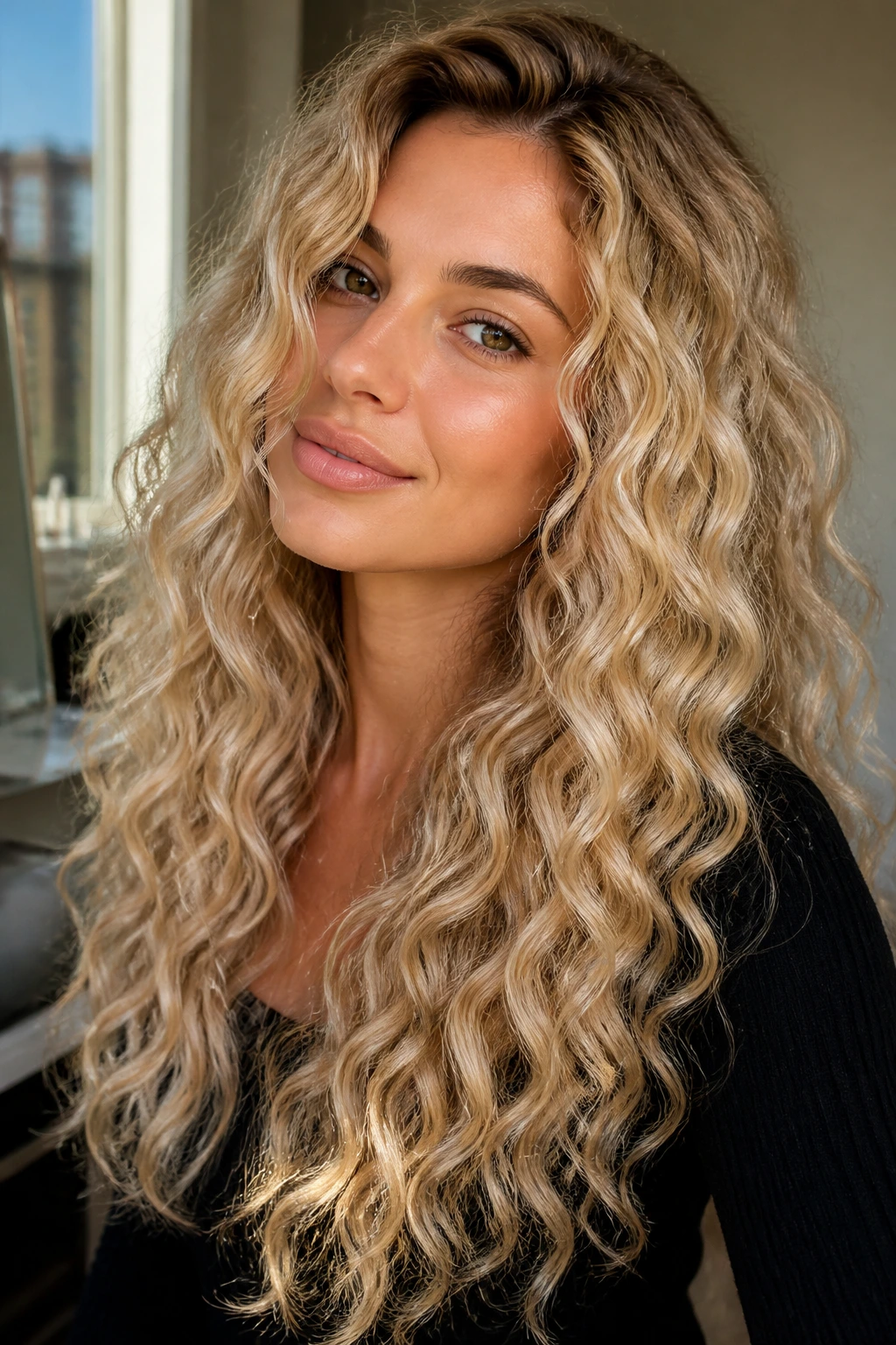 Real woman with long curly hair in champagne blonde gloss catching daylight shimmer