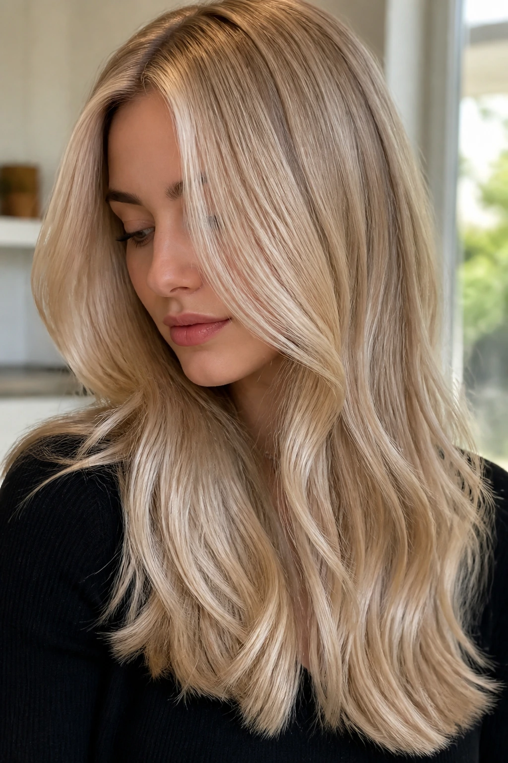 Close-up of a real woman with champagne blonde hair in natural light