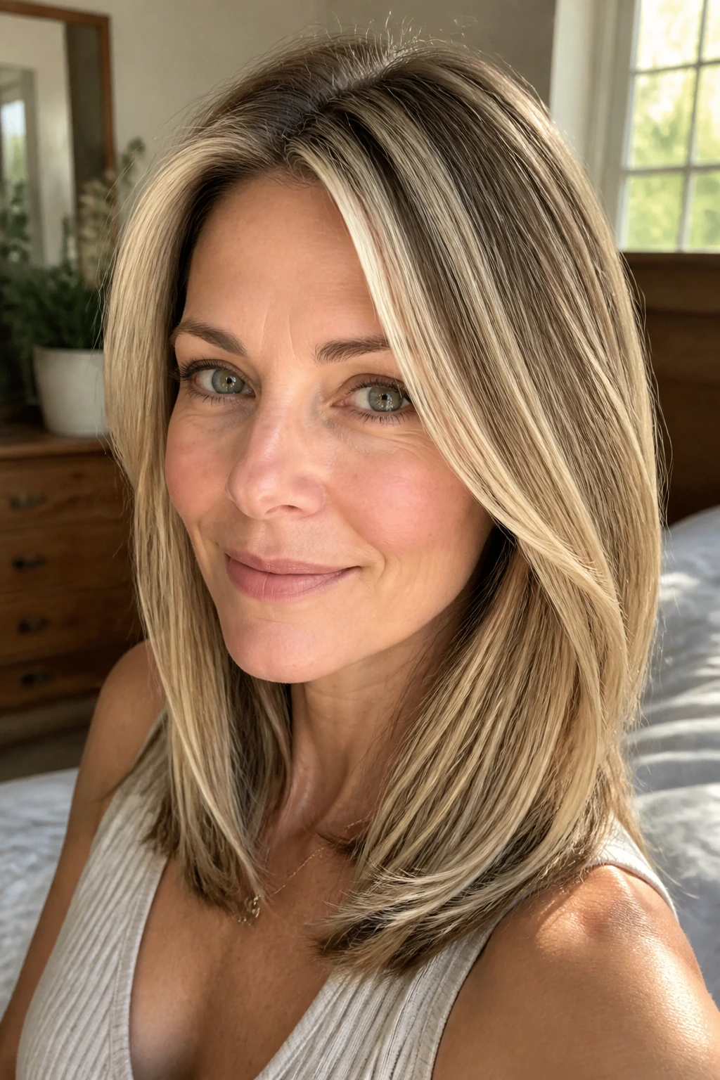 Close-up portrait of a real woman with champagne blonde streaks in fine hair