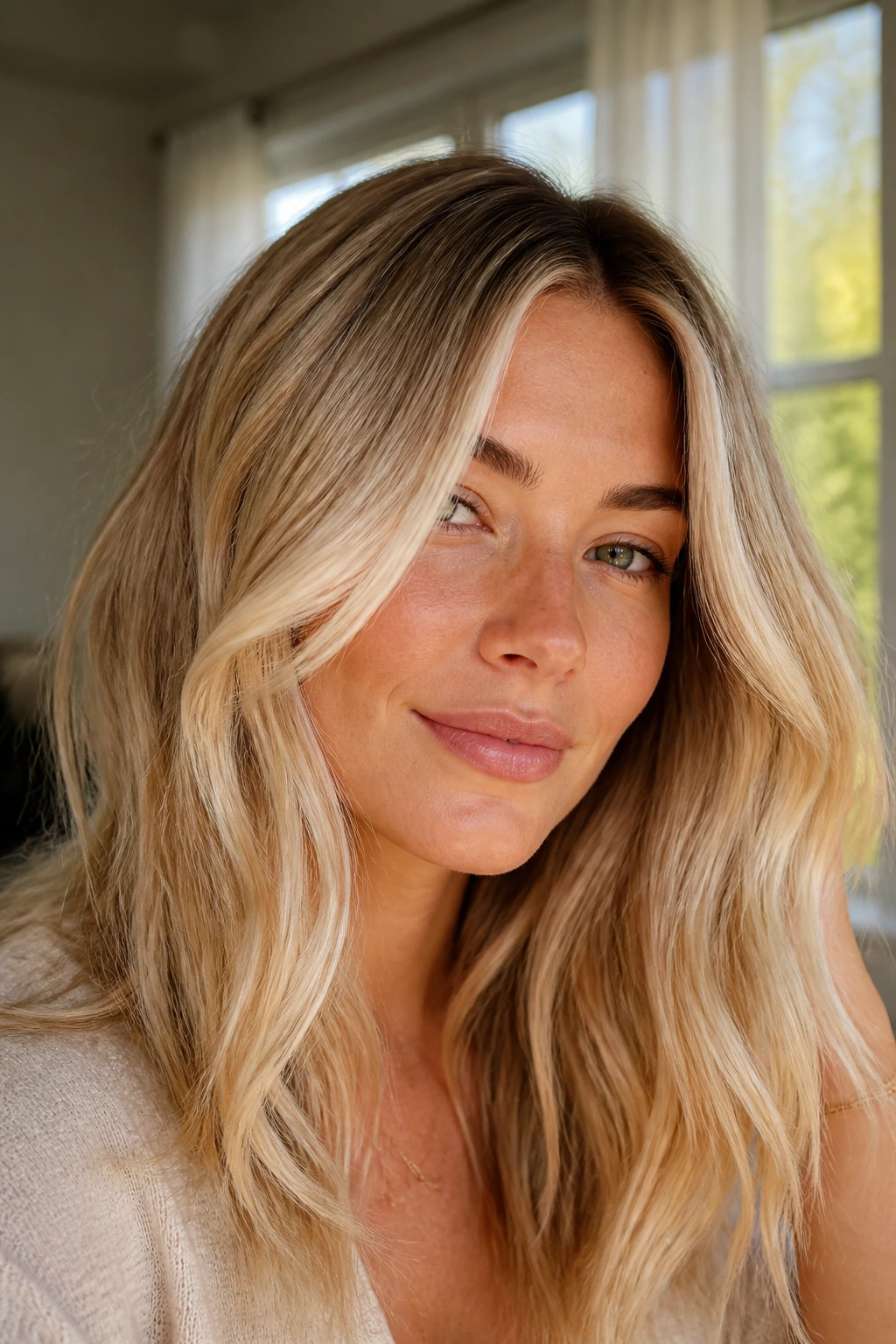Close-up portrait of a real woman with champagne blonde hair and soft root lift in warm natural light