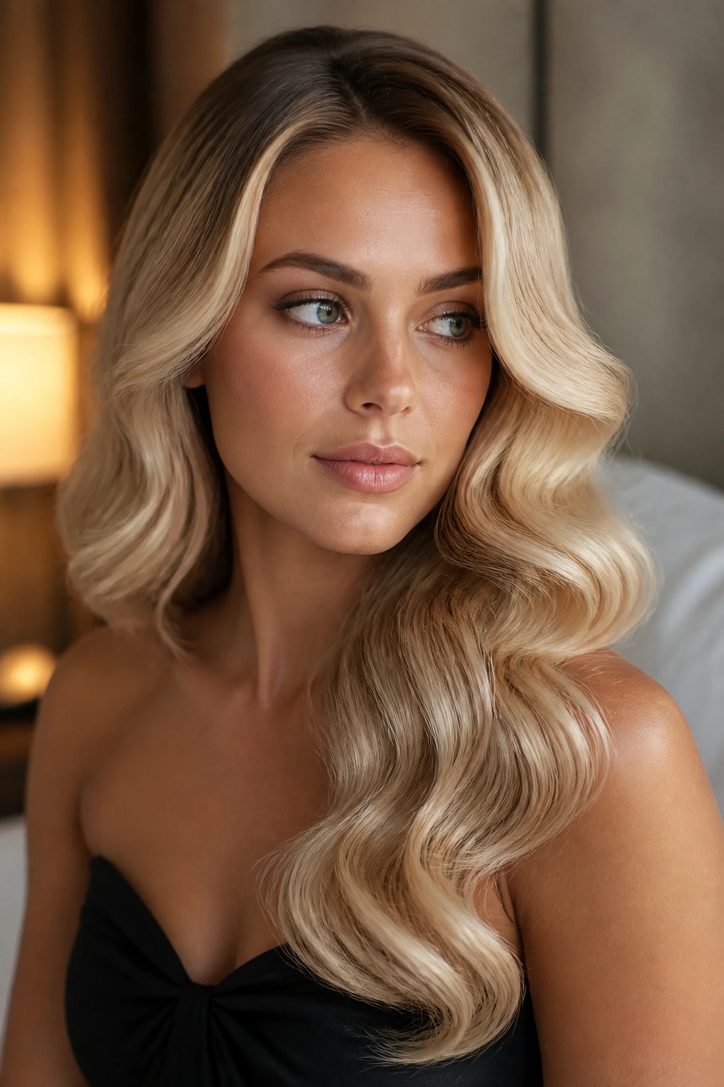 Real woman with glossy champagne blonde Hollywood waves