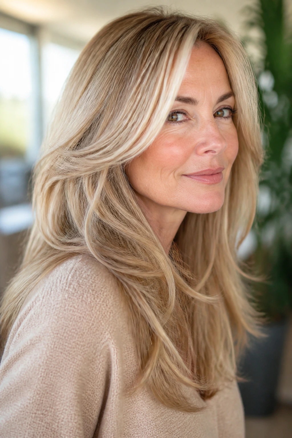 Portrait of a woman with champagne blonde layered hair and face-framing pieces.