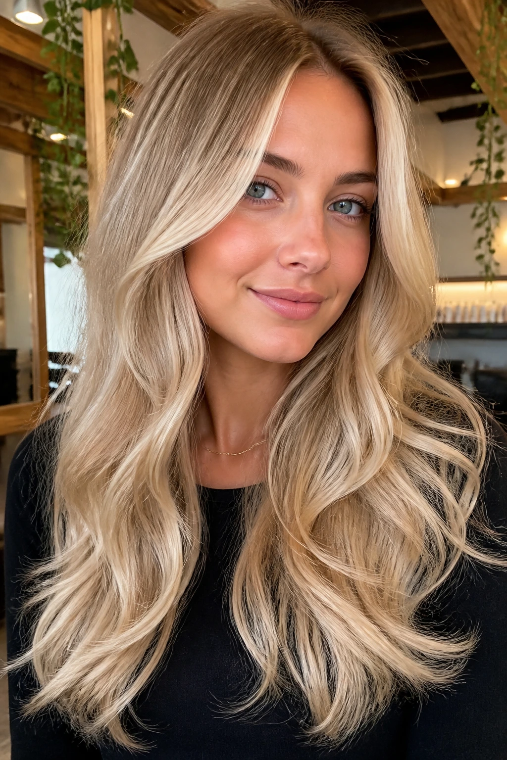 Close-up portrait of a real woman with long layered champagne blonde hair and soft curls in a sunlit salon.