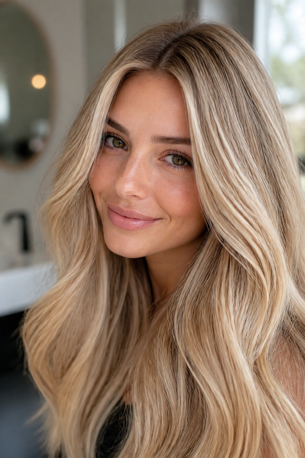 Close-up of a real woman with champagne blonde hair and micro-highlights
