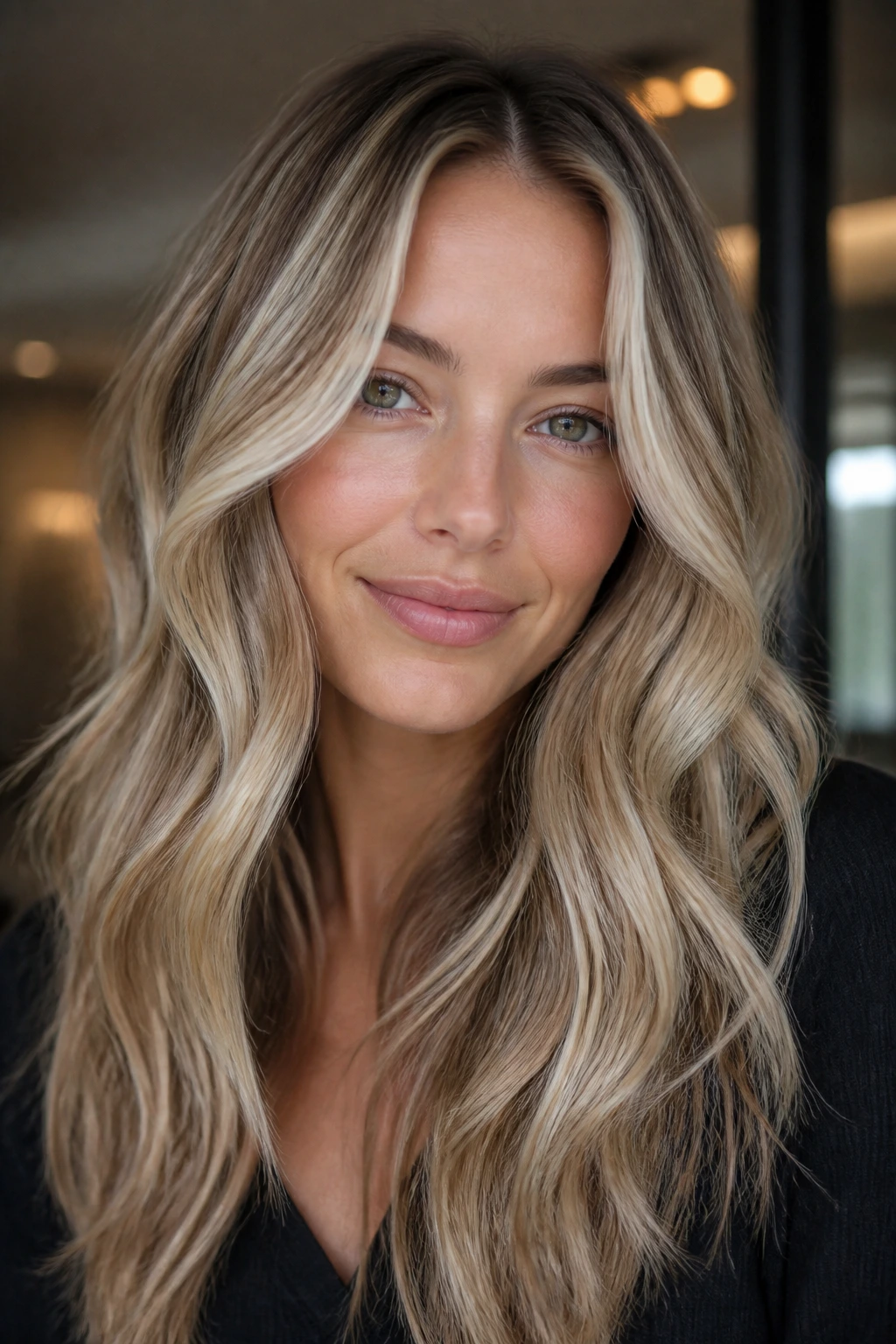 Portrait of a person with neutral blonde variations including champagne highlights and mushroom lowlights.