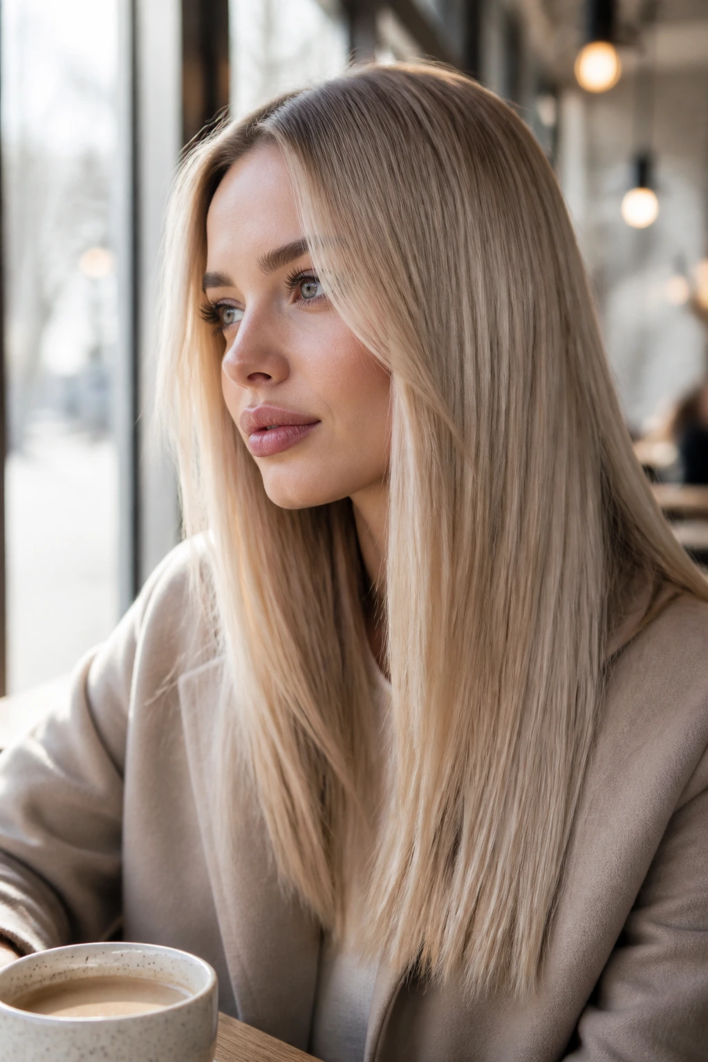 Portrait of a real woman with champagne blonde hair in portrait with pearly glow.