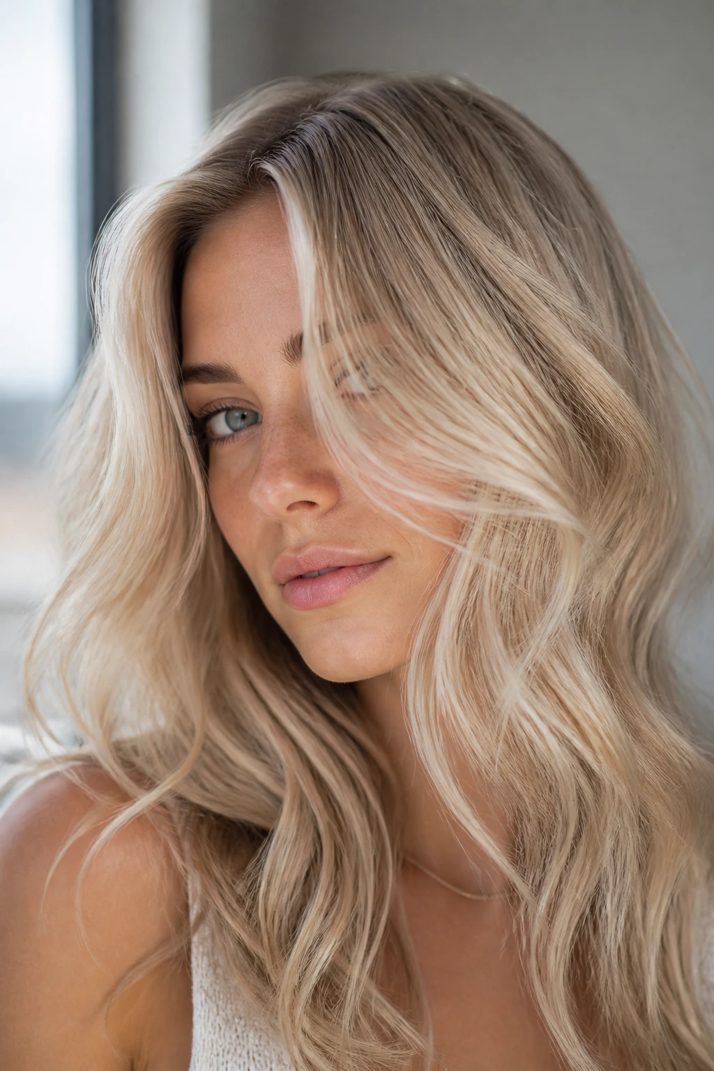 Portrait of a woman with champagne blonde hair in soft light