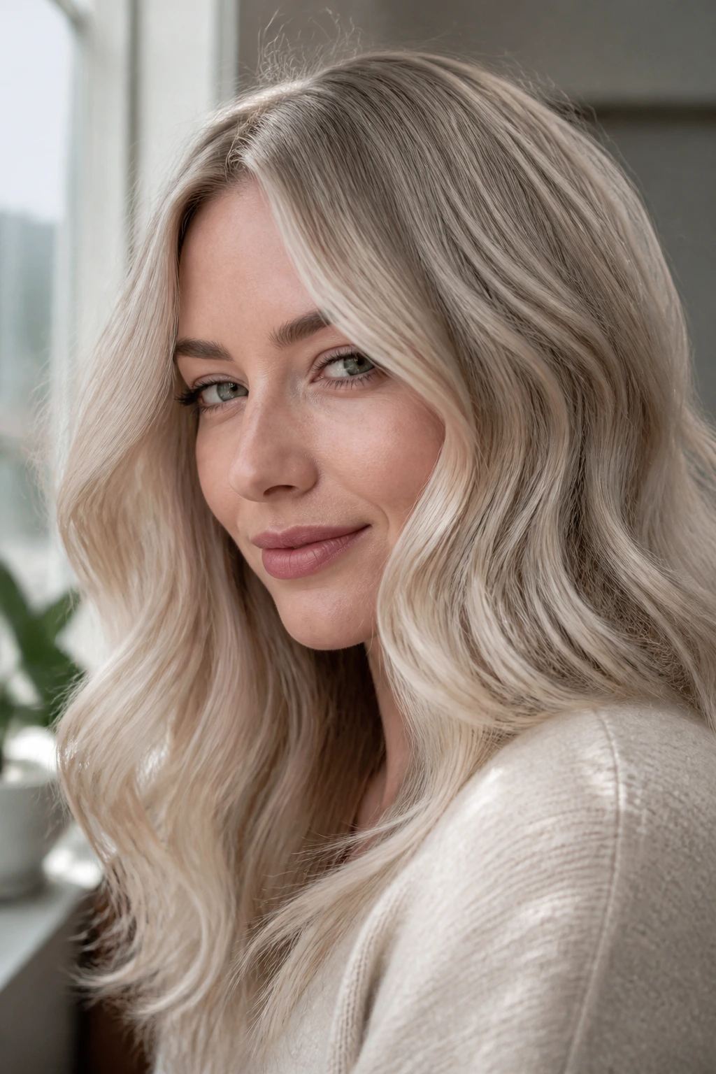 Portrait of woman with cool champagne blonde hair in soft waves
