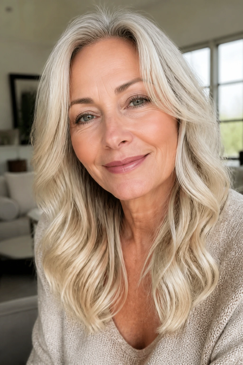 Portrait of a woman with champagne blonde hair catching light on the ends