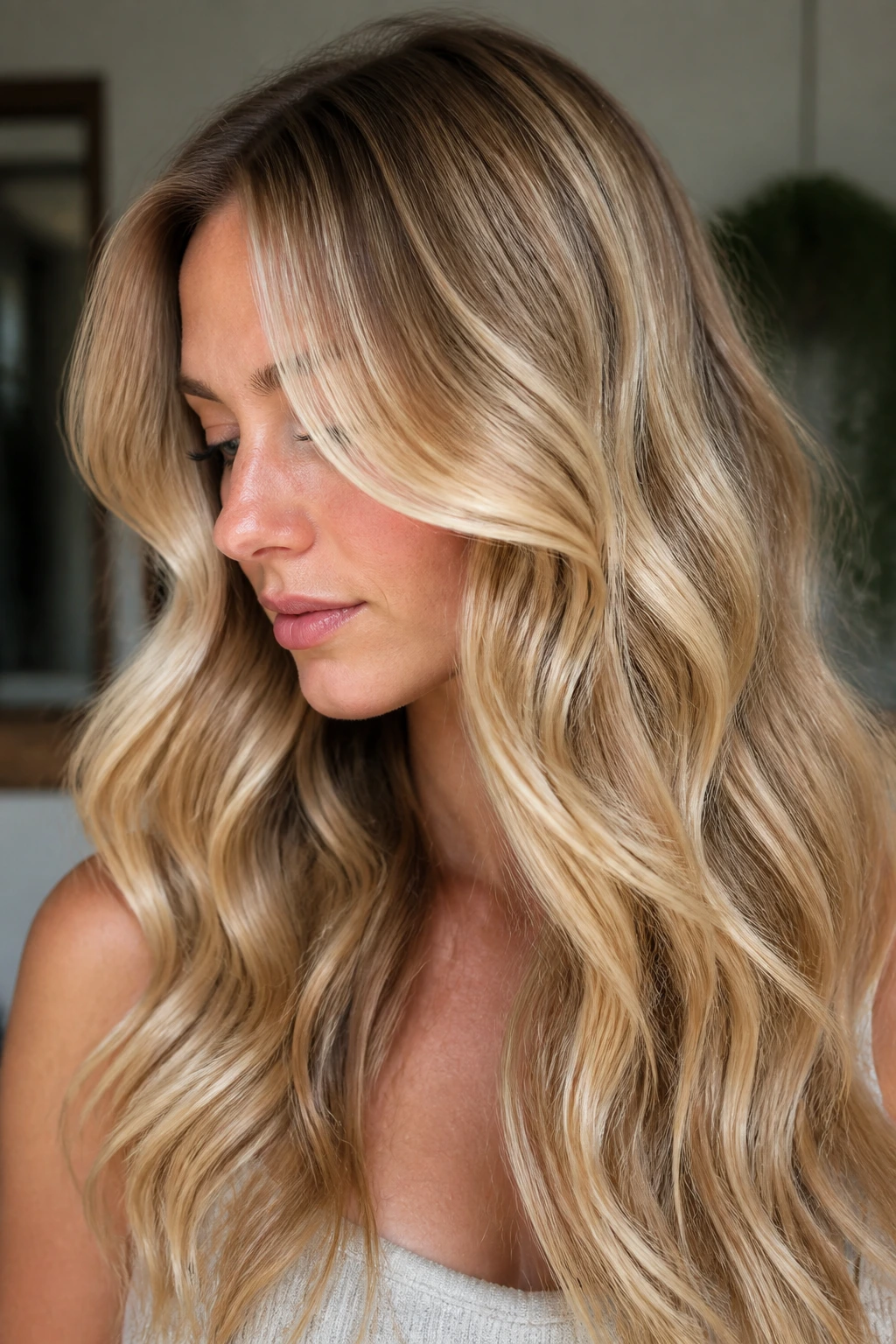 Close-up of a real woman with champagne blonde ribbons in her wavy hair under soft light